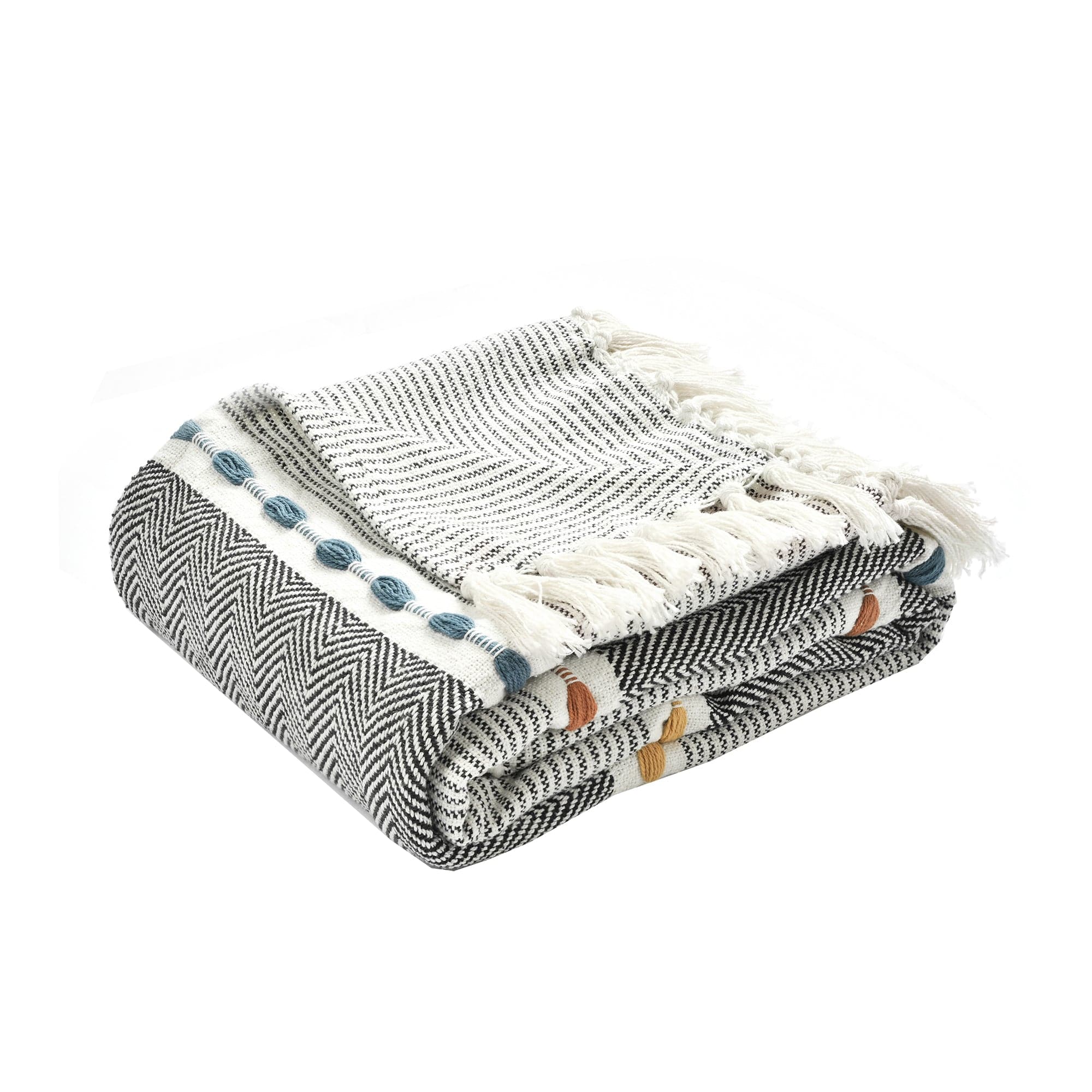 Herringbone Stripe Yarn-Dyed Cotton Woven Tassel Throw Blanket - Soft & Cozy Decorative Couch Cover for Living Room, Bed, Sofa