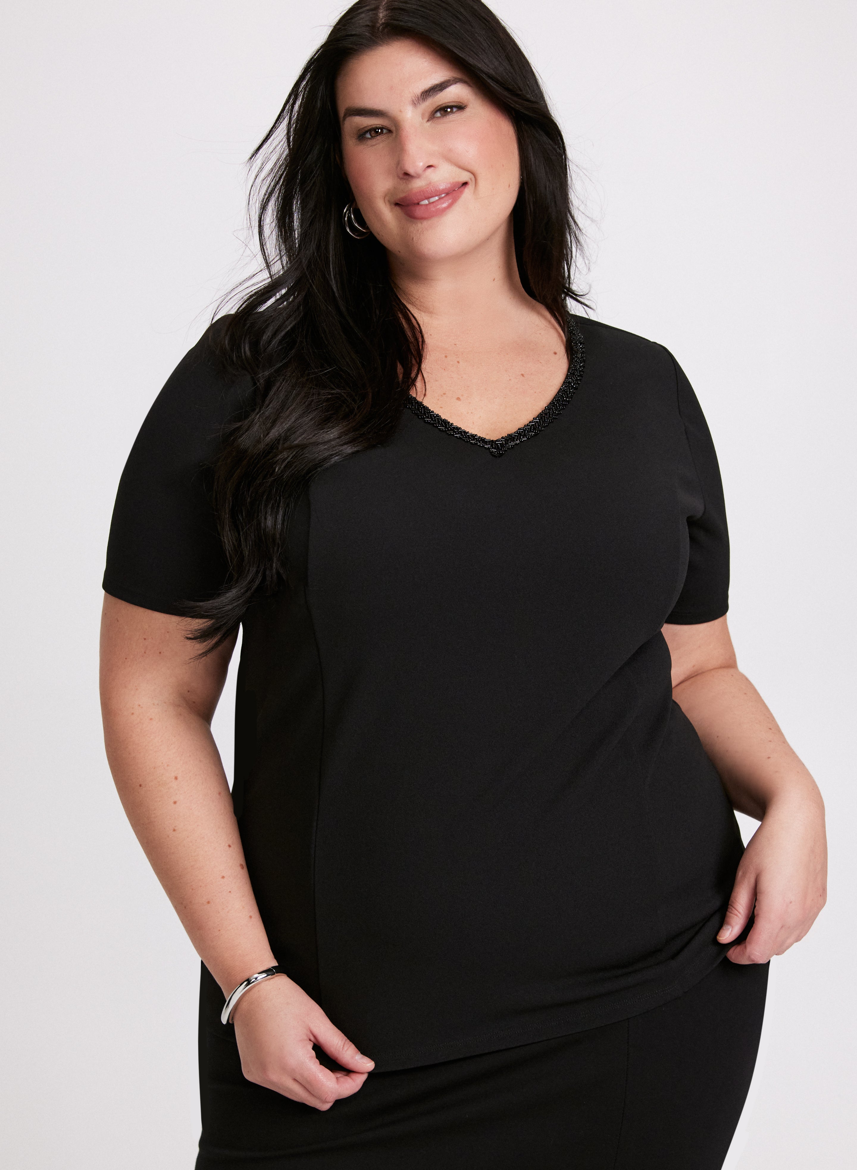 Stylish Bead Detail V Neck Top for Women - Elegant Blouse for Casual & Party Wear - Perfect for Date Nights & Office Outfits