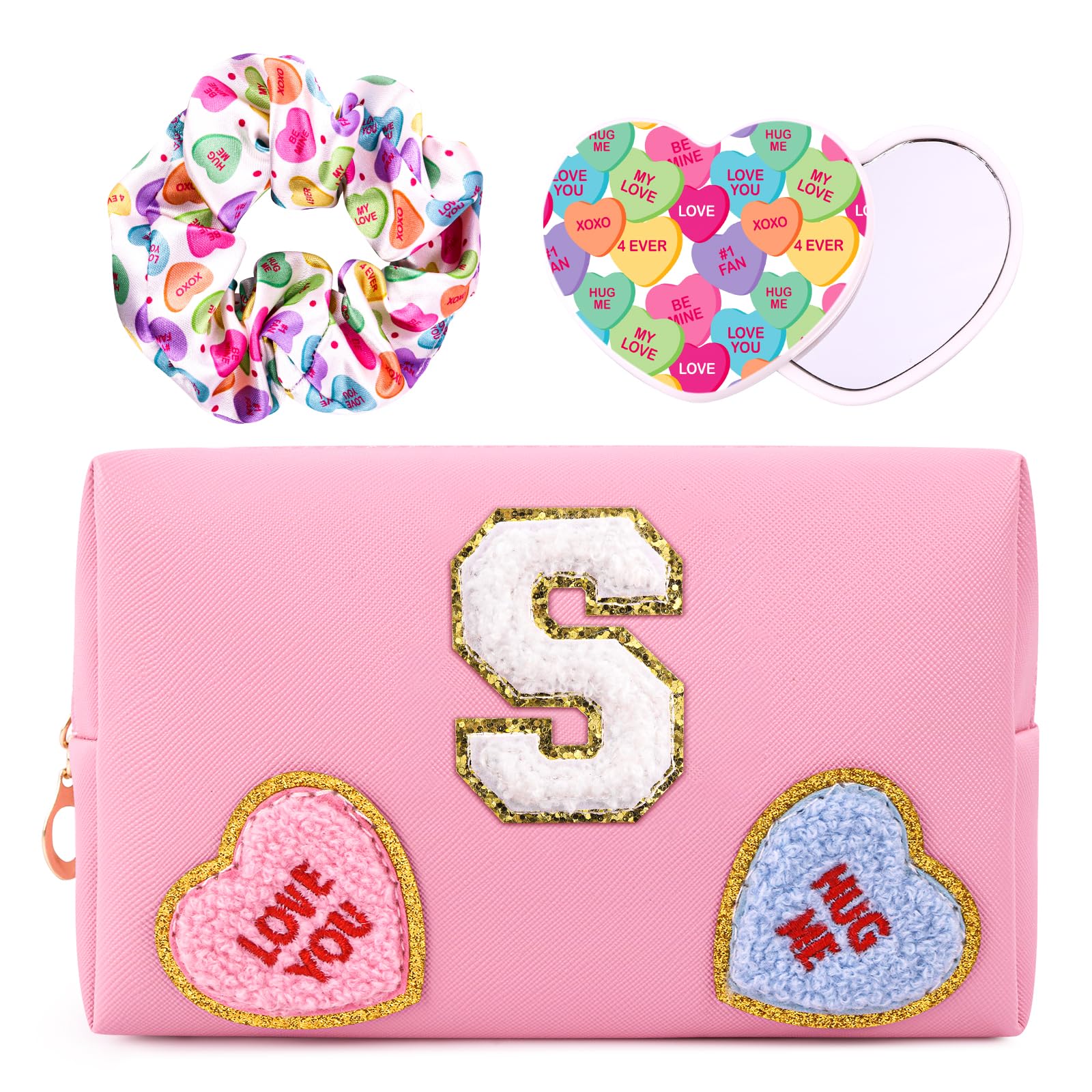 Personalized Monogram Makeup Bag with Mirror & Hair Scrunchies - Custom Cosmetic Travel Toiletry Pouch for Women, Bridesmaids & Teachers - Perfect Birthday Gift, Bridal Shower Present & Travel Essential (Small)