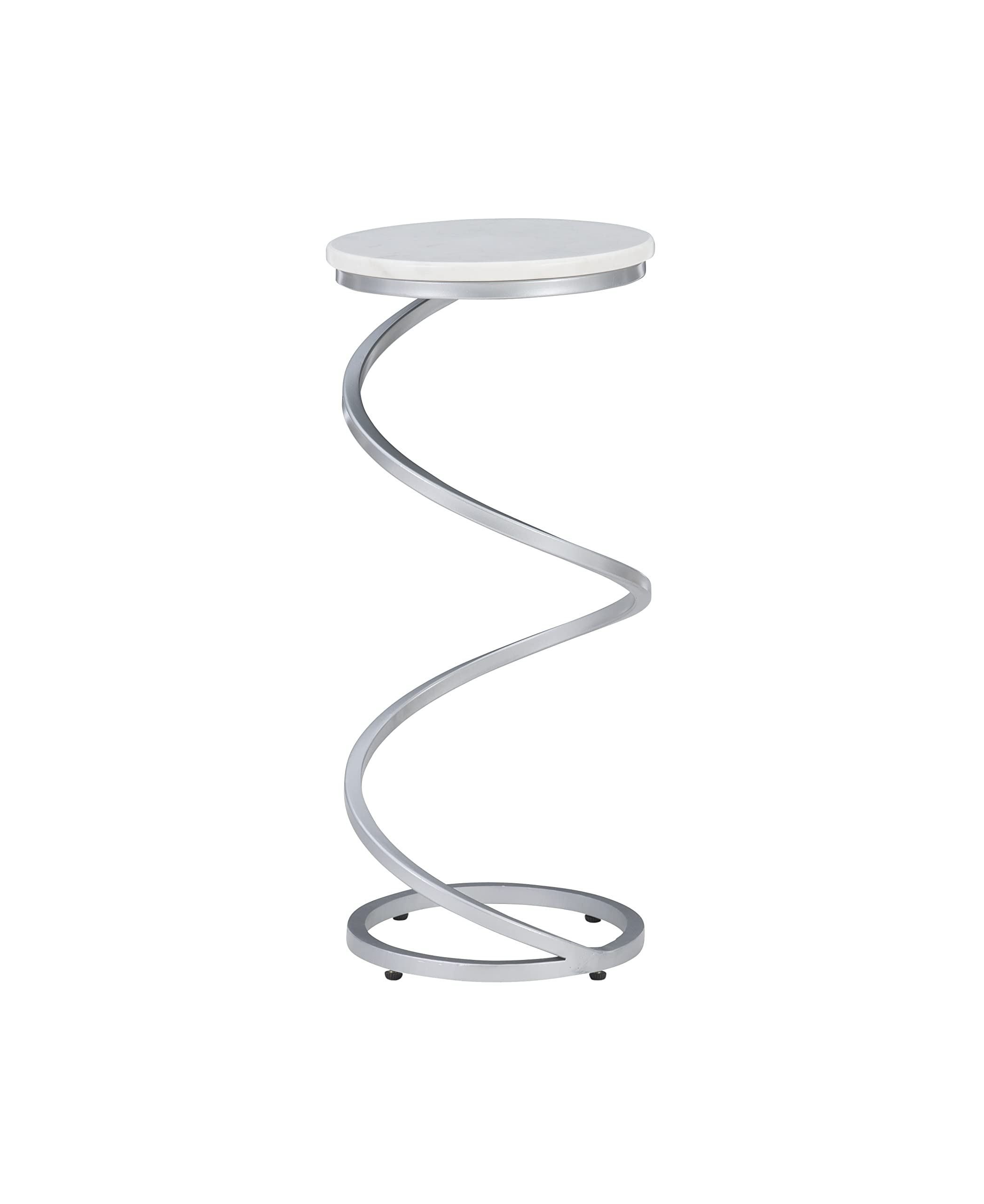 Powell Nora Table - Silver Spiral Metal Base with White Marble Top - Modern Drink Table for Living Room, Bedroom, or Office