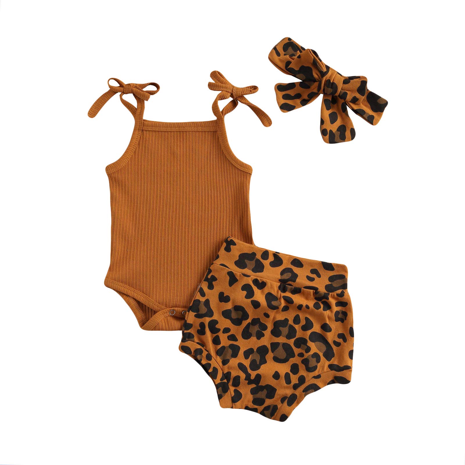 DuAnyozu Newborn Baby Girl Clothes - Leopard Print Shorts Set with Sleeveless Ribbed Romper & Bloomers Headband | Summer Outfits for Photoshoots, Playdates & Special Occasions