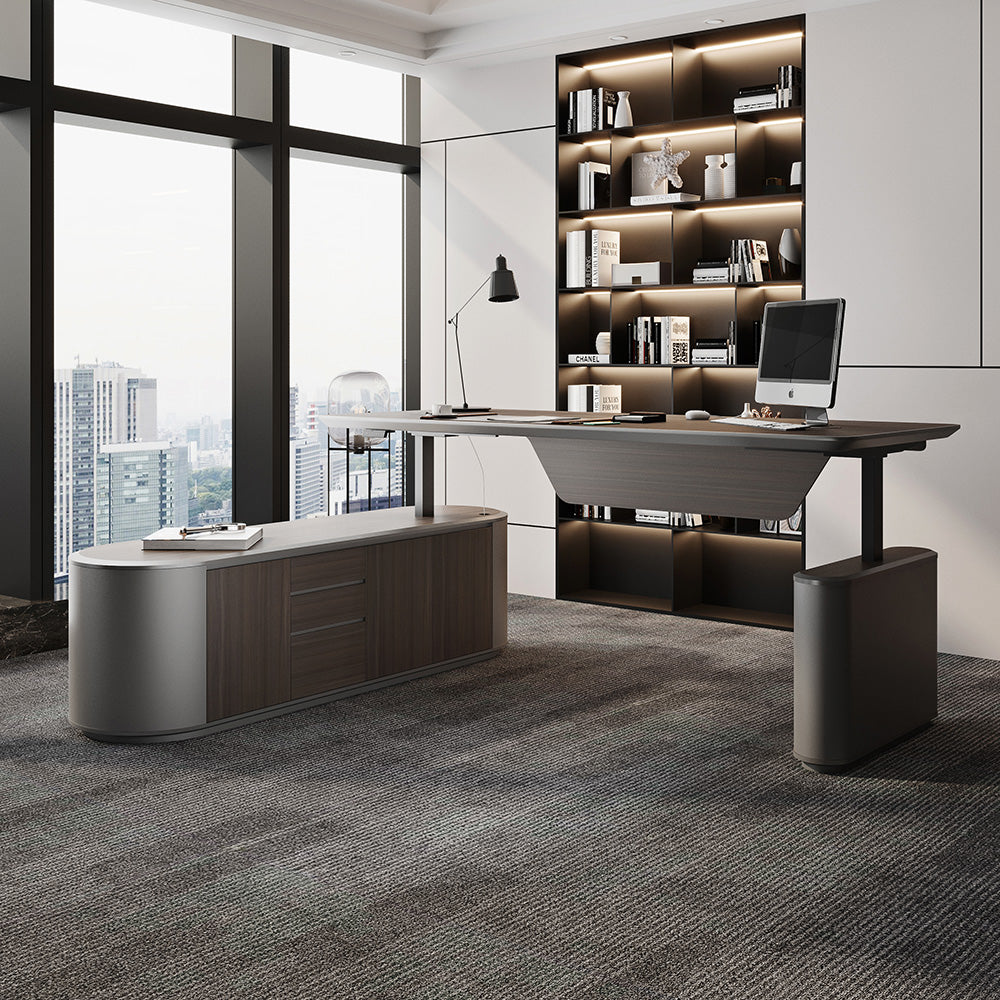 LUCA Electric Height Adjustable Sit Stand Desk 240cm - Hazelnut & Grey Finish, Ergonomic Executive Office Desk with Reversible Return for Home & Workspace