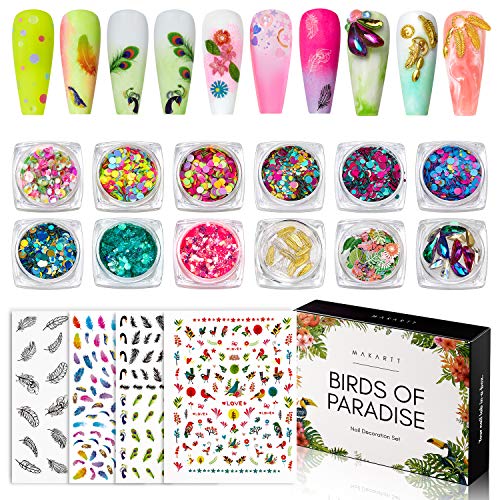 Makartt Nail Art Kit - Birds of Paradise Collection: 12 Boxes Nail Sequins, Glitters, Rhinestones & 4 Sheets Nail Stickers for DIY Fall Nail Designs | Perfect for Home Manicures, Salon Use & Gift Giving