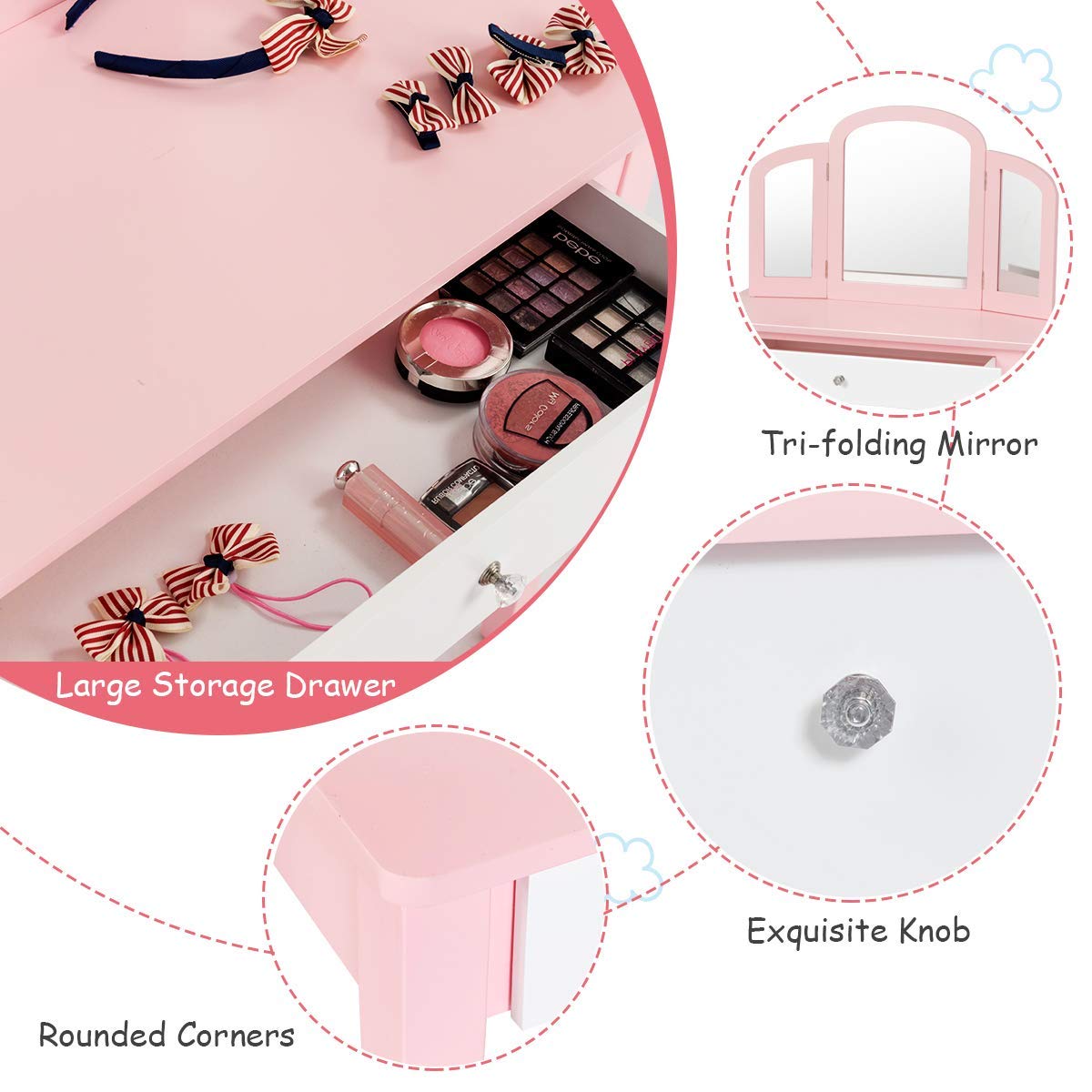 HONEY JOY Kids Vanity Set - Wooden Princess Pretend Play Dressing Table with Stool, Tri-Fold Mirror & Drawer for Little Girls (Pink) | Perfect for Birthday Gifts, Room Decor & Pretend Play for Toddlers Ages 3-8