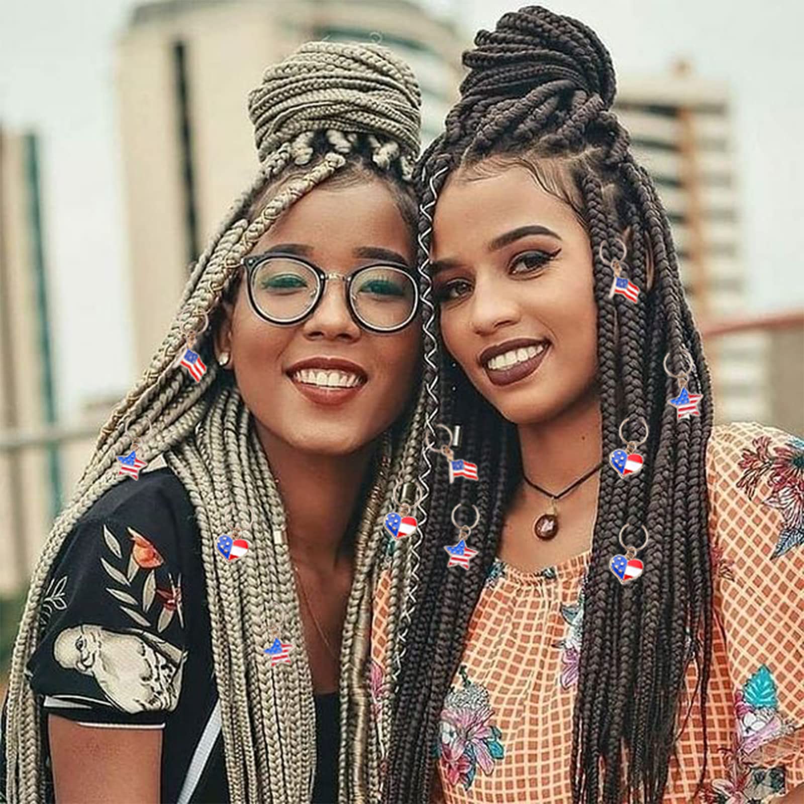 NAISKA Gold Star & Heart Braid Clips - 12PCS Hair Cuffs, Beaded Dreadlock Rings, American Flag Hair Jewelry for Women | Perfect for Boho Hairstyles, Festivals & Everyday Wear