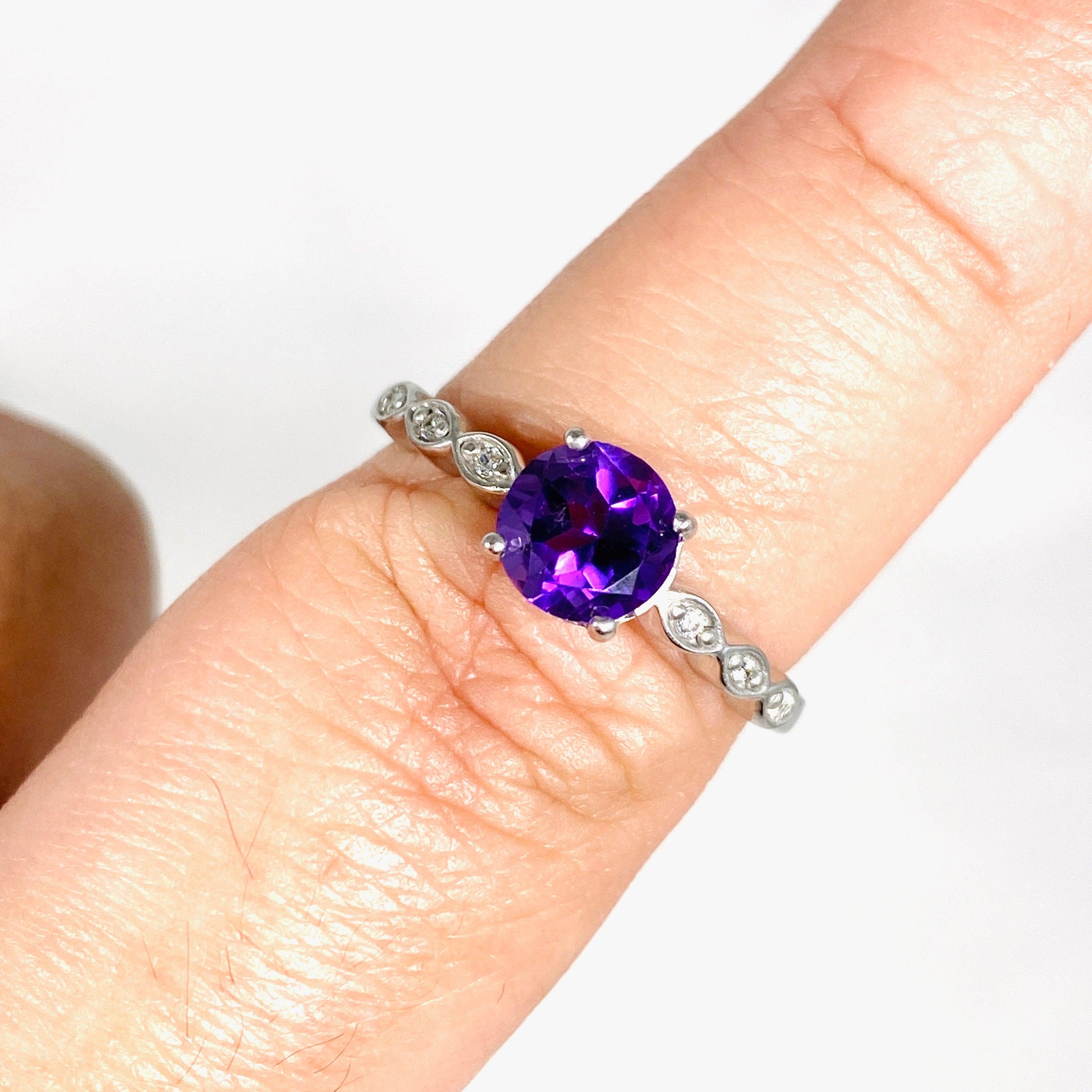 Amethyst Round Faceted Ring with CZ Stones - Size 9 - HRGJ 38 - Elegant Jewelry for Women, Perfect for Weddings, Parties & Special Occasions