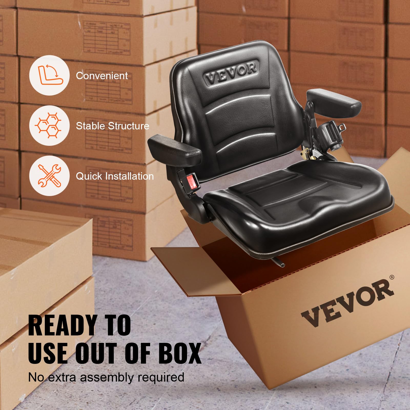 VEVOR Universal Forklift Seat - Adjustable Angle Back, Fold Down Tractor Seat with Micro Switch, Seatbelt & Armrests - Fits 6.3-13.4 inch Slot for Tractor, Loader, Excavator - Perfect for Construction, Farming & Heavy Equipment Operations