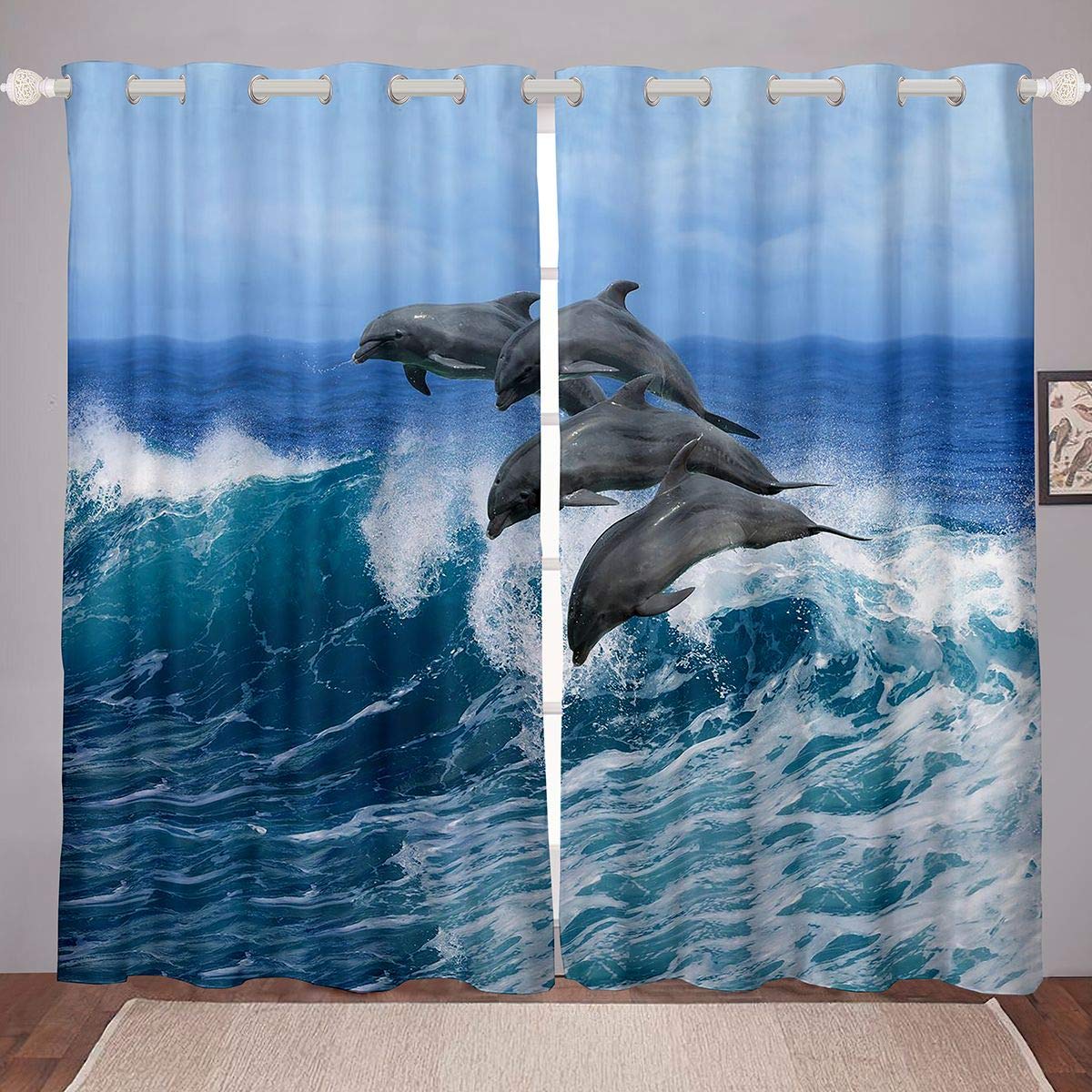 **Dolphin Curtains for Bedroom & Living Room - Ocean Themed Window Drapes with Sea Whale & Marine Life Print, 52x90 Inch, 2 Panels - Perfect for Kids' Room, Beach House Decor & Coastal Style Homes**