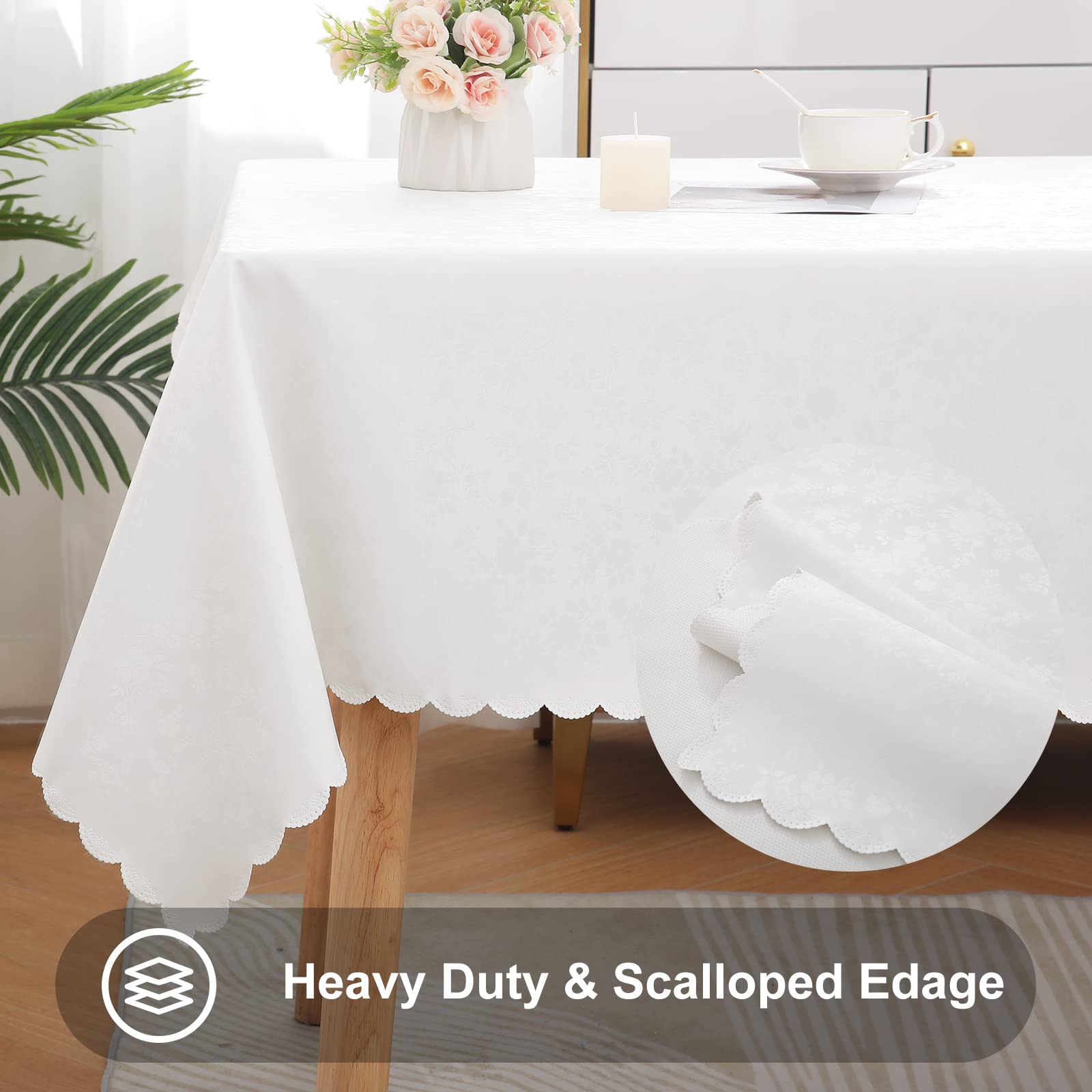 Smiry Heavy Duty Waterproof Vinyl Tablecloth, Wipeable Washable Rectangle Table Cover for Kitchen and Dining Room, Durable White 60