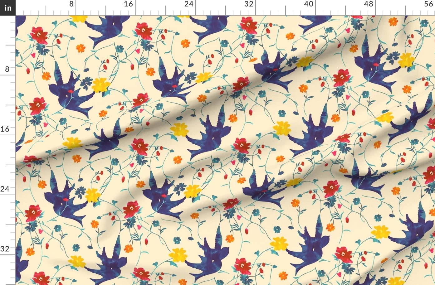 Spring Blue Yellow Flowers & Red Barn Swallow Printed Organic Cotton Sateen Fabric by The Yard - Perfect for Sewing, Quilting, Apparel & Home Decor | Spoonflower Premium Fabric for Spring Crafts, DIY Projects & Seasonal Decorations