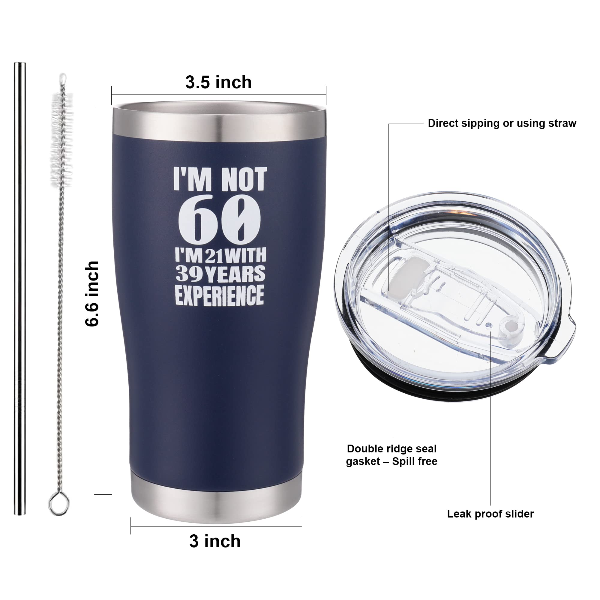 Vacuum Insulated Stainless Steel Tumbler with Lid & Straw - 20oz Leakproof Travel Mug for Hot & Cold Drinks - Perfect 60th Birthday Gift for Men & Women (Navy Blue) - Ideal for Coffee, Tea, Hiking, Office & Outdoor Activities