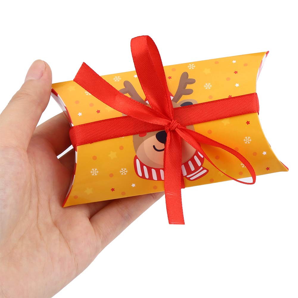 CCINEE Christmas Pillow Boxes - 50PCS Xmas Candy Gift Boxes with Red Ribbon Ties, Santa Elk Design for Holiday Party Favors, Stocking Stuffers & Christmas Gift Card Holders | Perfect for Holiday Decorations, Office Gifts & Festive Celebrations
