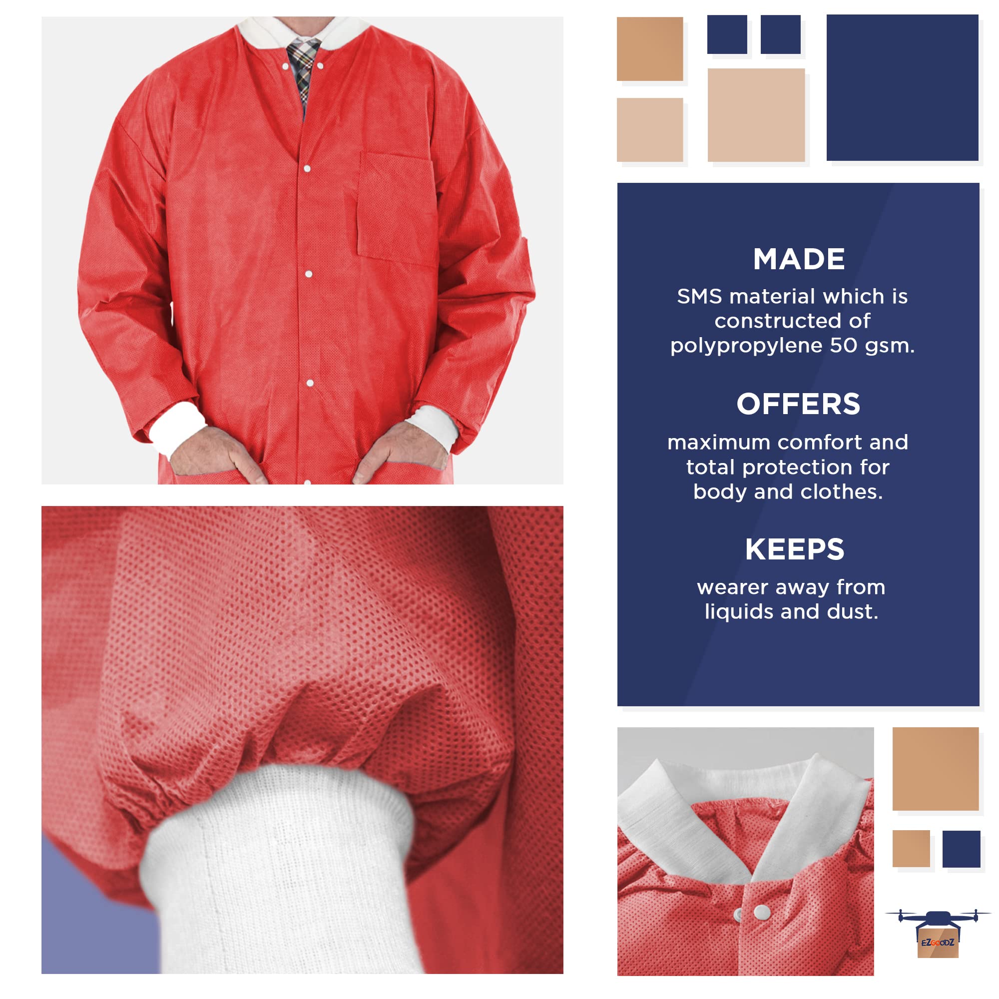 Disposable Lab Jackets - 32 Inch Long Red Workwear (Pack of 100) | X-Large Unisex PPE Coat with Snap Front, Knit Cuffs & 3 Pockets | 50 GSM SMS Material | Ideal for Medical Labs, Cleanrooms & Industrial Work Protection