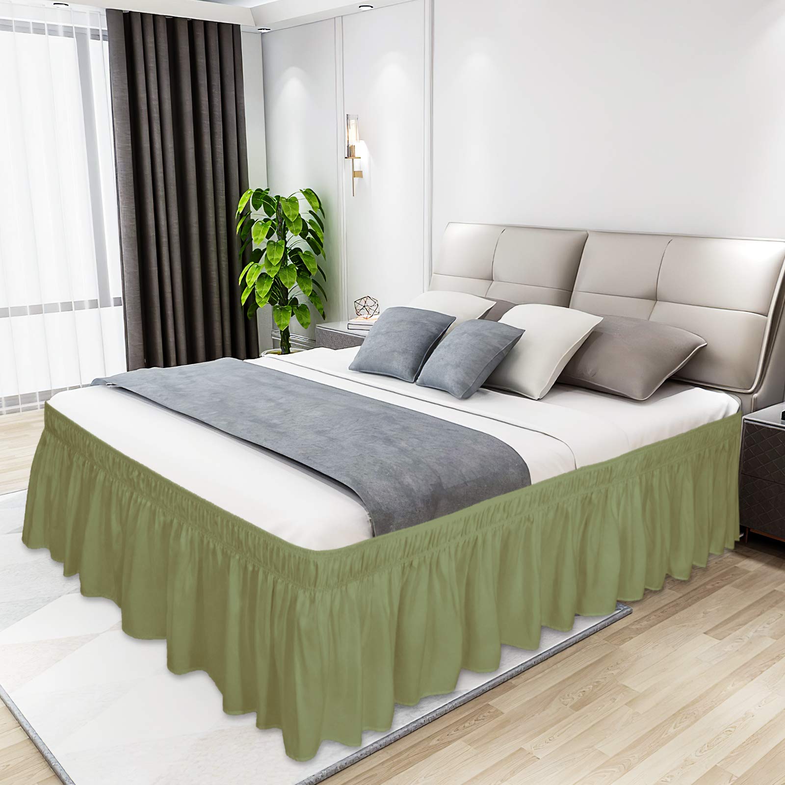King Size Wrap Around Bed Skirt 16 Inch Drop - Light Green Elastic Dust Ruffle with Wrinkle & Fade Resistant Silky Fabric | Easy Fit, Machine Washable | Perfect for Master Bedroom Decor & Hotel Style Luxury