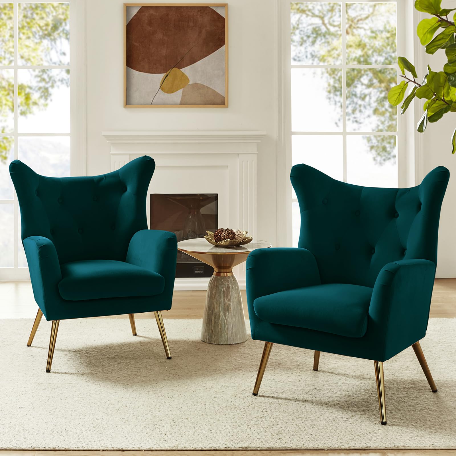 Velvet Accent Chair with Gold Metal Legs - Modern Wingback Tufted Upholstered Armchair for Living Room, Bedroom & Dining Room | Luxurious Teal Velvet Club Chair for Home Decor & Guest Seating