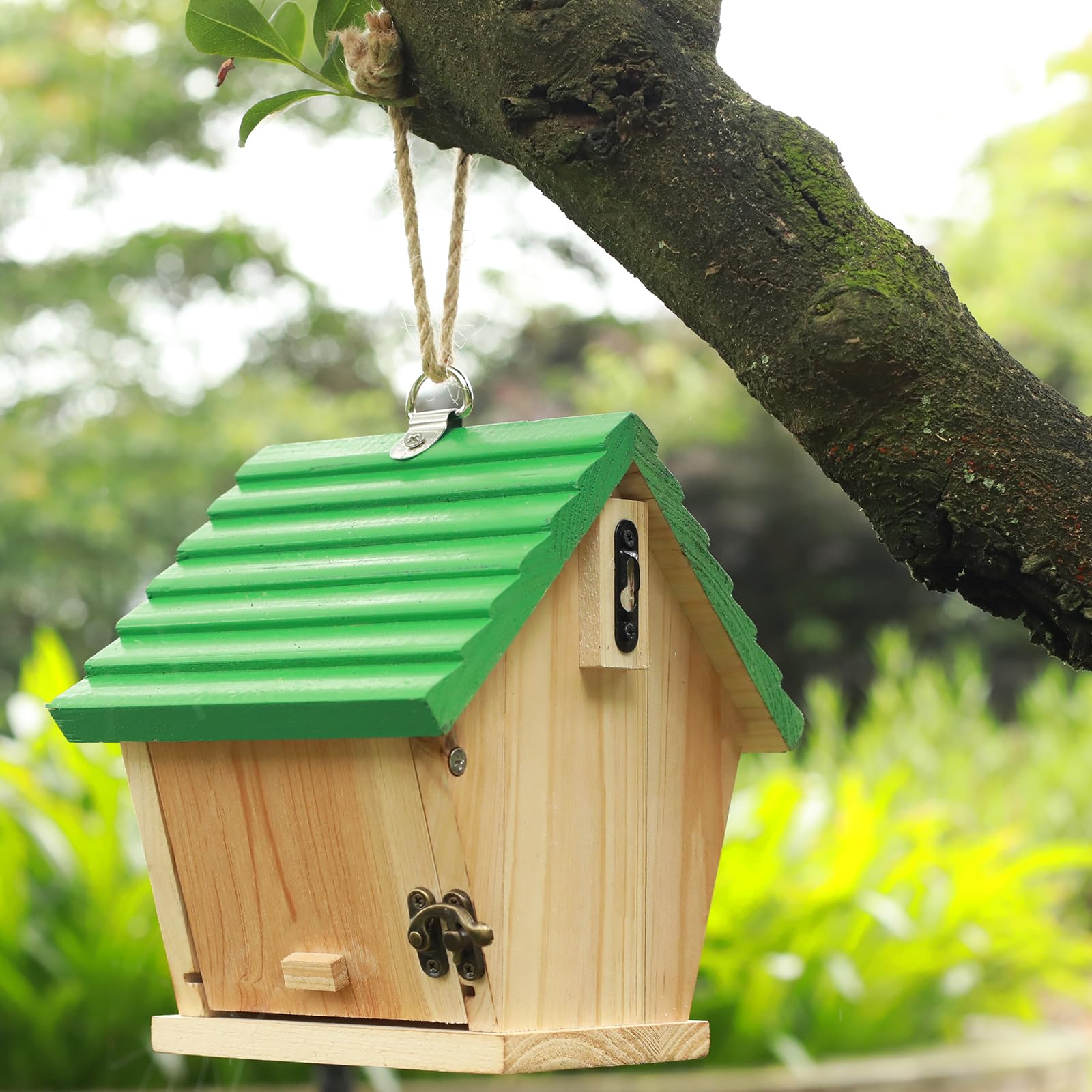 Bluebird House for Outside - Hanging Wooden Birdhouse with Green Top for Cardinals & Wild Birds - Perfect for Garden, Backyard & Outdoor Decor