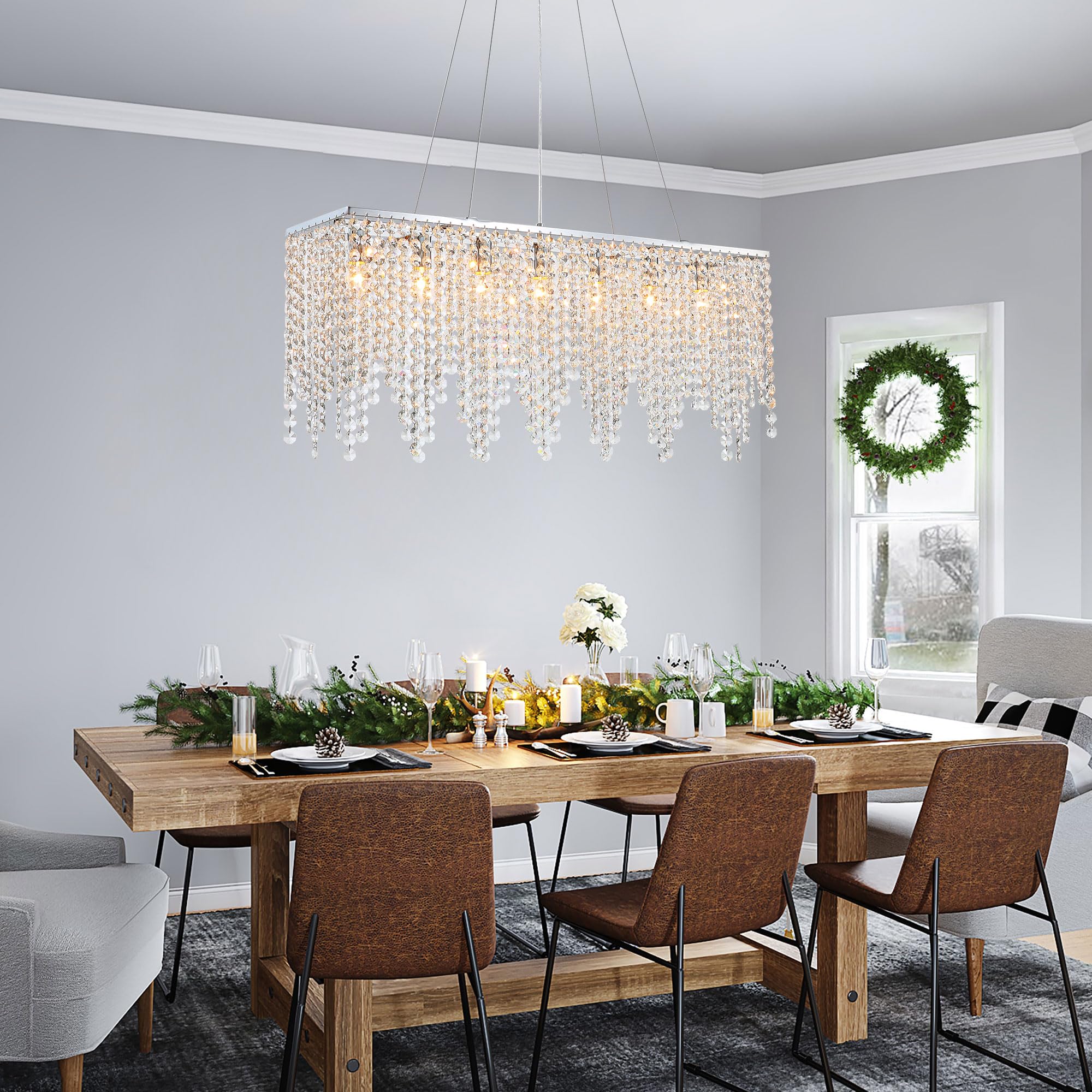 7PM 10-Light Rectangle Crystal Chandelier - Modern Linear Pendant Lighting for Dining Room & Kitchen Island (47