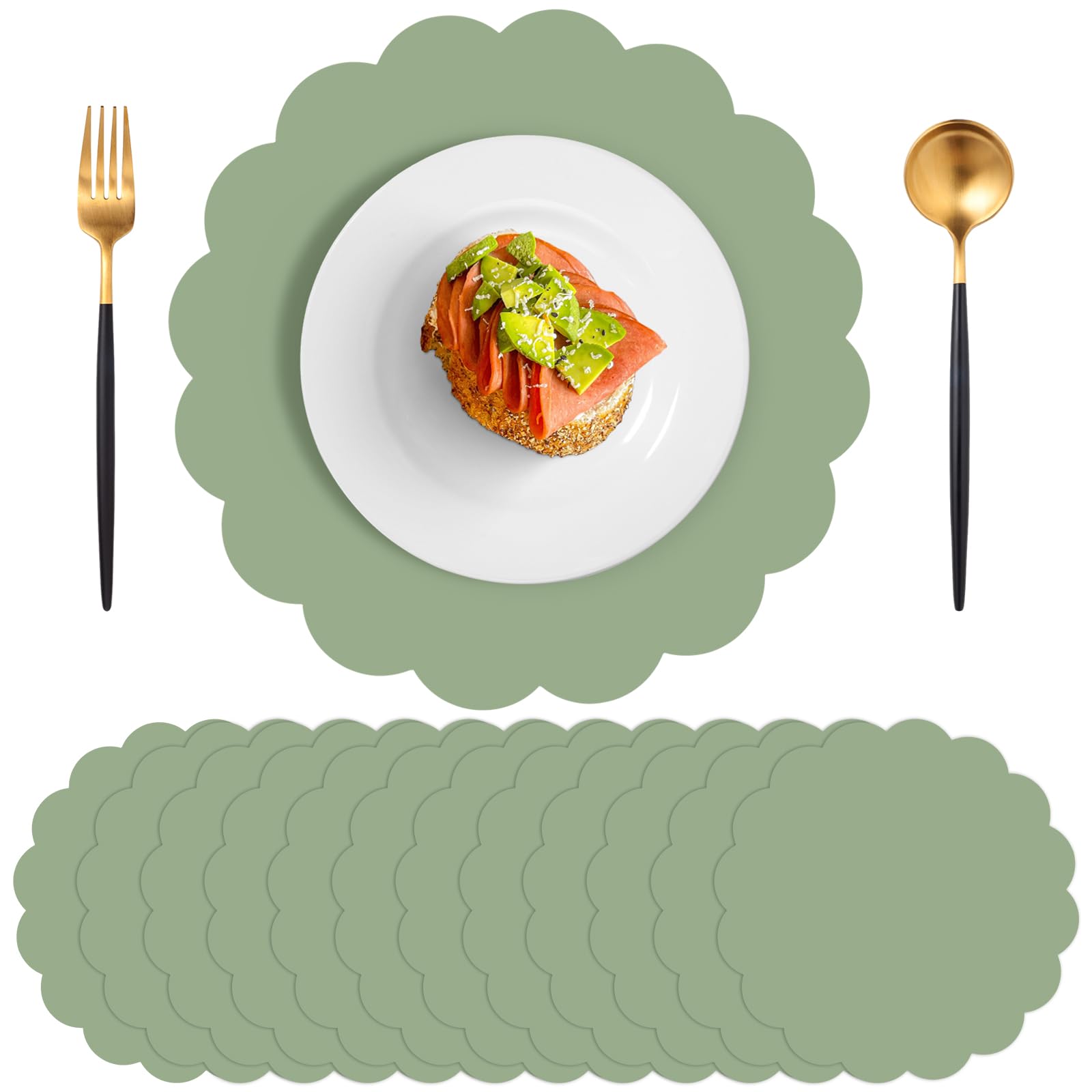 60 Pcs Sage Green Disposable Paper Placemats - 13.5 Inch Round Scalloped Edge Table Mats for Easter, Birthday, Wedding, Bridal Shower, Baby Shower & Tea Party Decorations - Elegant & Eco-Friendly Banquet Tableware