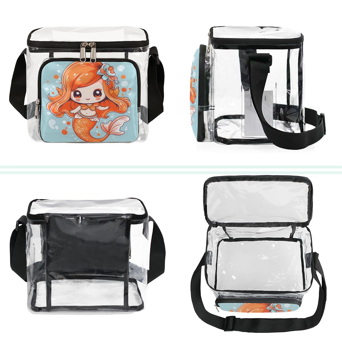 Cute Mermaid Clear Tote Bag with Handles - Transparent Crossbody Shoulder Bag for Women - Perfect for Beach, Travel, Picnic, Concerts & Sports Events (Stadium Approved) - Waterproof Lunch Bag for Outdoor Activities
