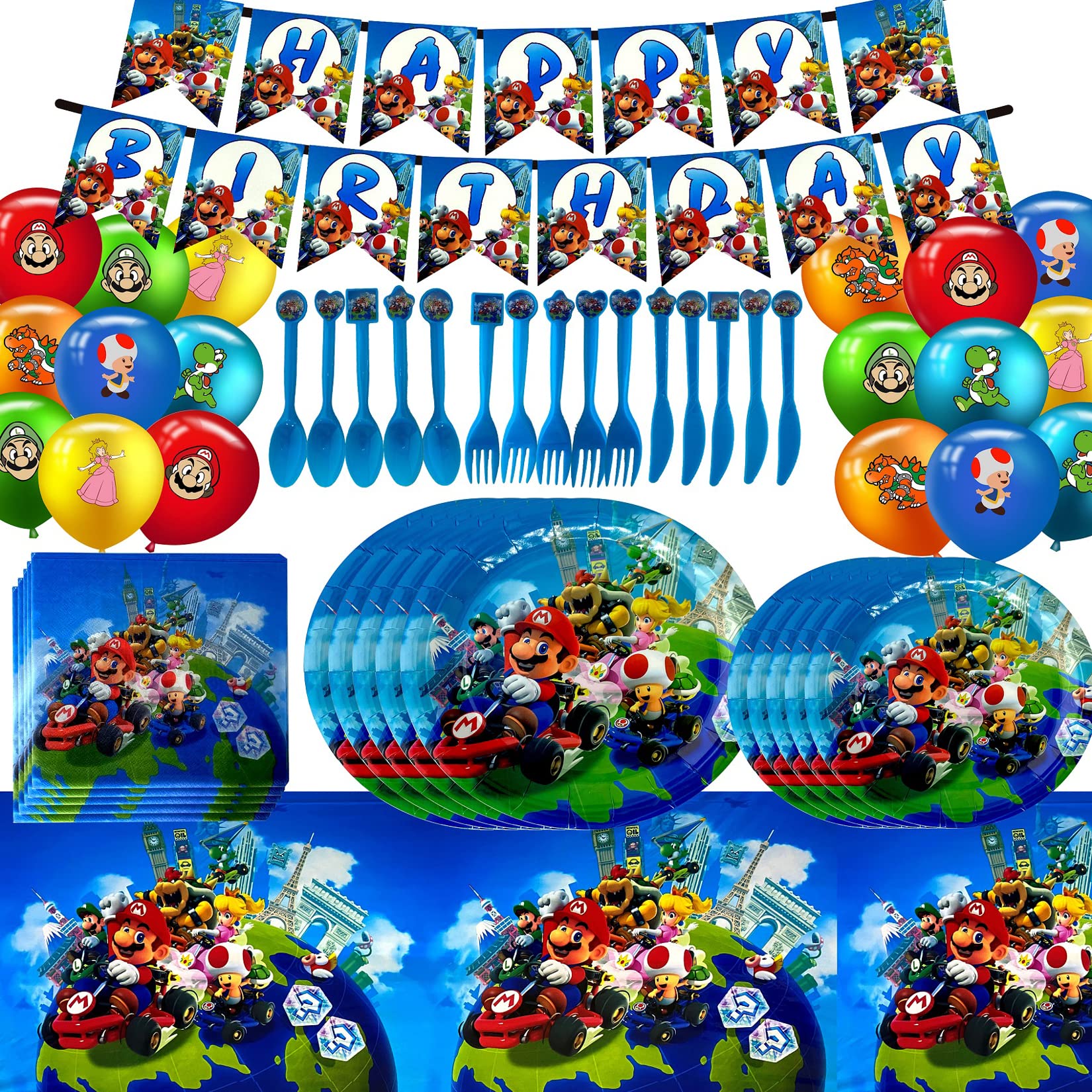 Super Mario Bros Party Supplies Set - Birthday Decorations Kit with Banner, 7+9 Inch Plates, Cutlery, Napkins, Table Cover & Balloons for Kids Themed Parties | Perfect for Mario Birthday Celebrations, Game Nights & Themed Events