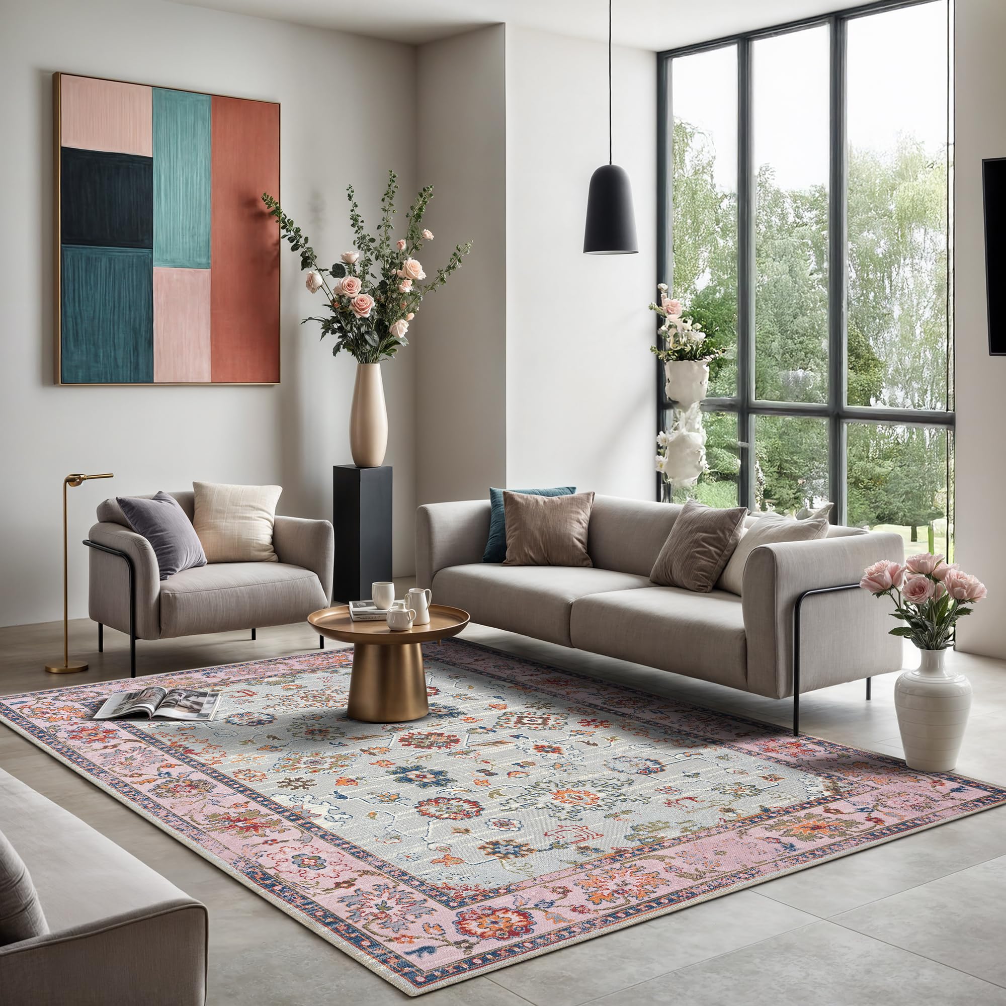 GLN Traditional Collection Area Rug - Machine Washable Low Pile Chenille, Non-Slip Living Room Rug 6'6