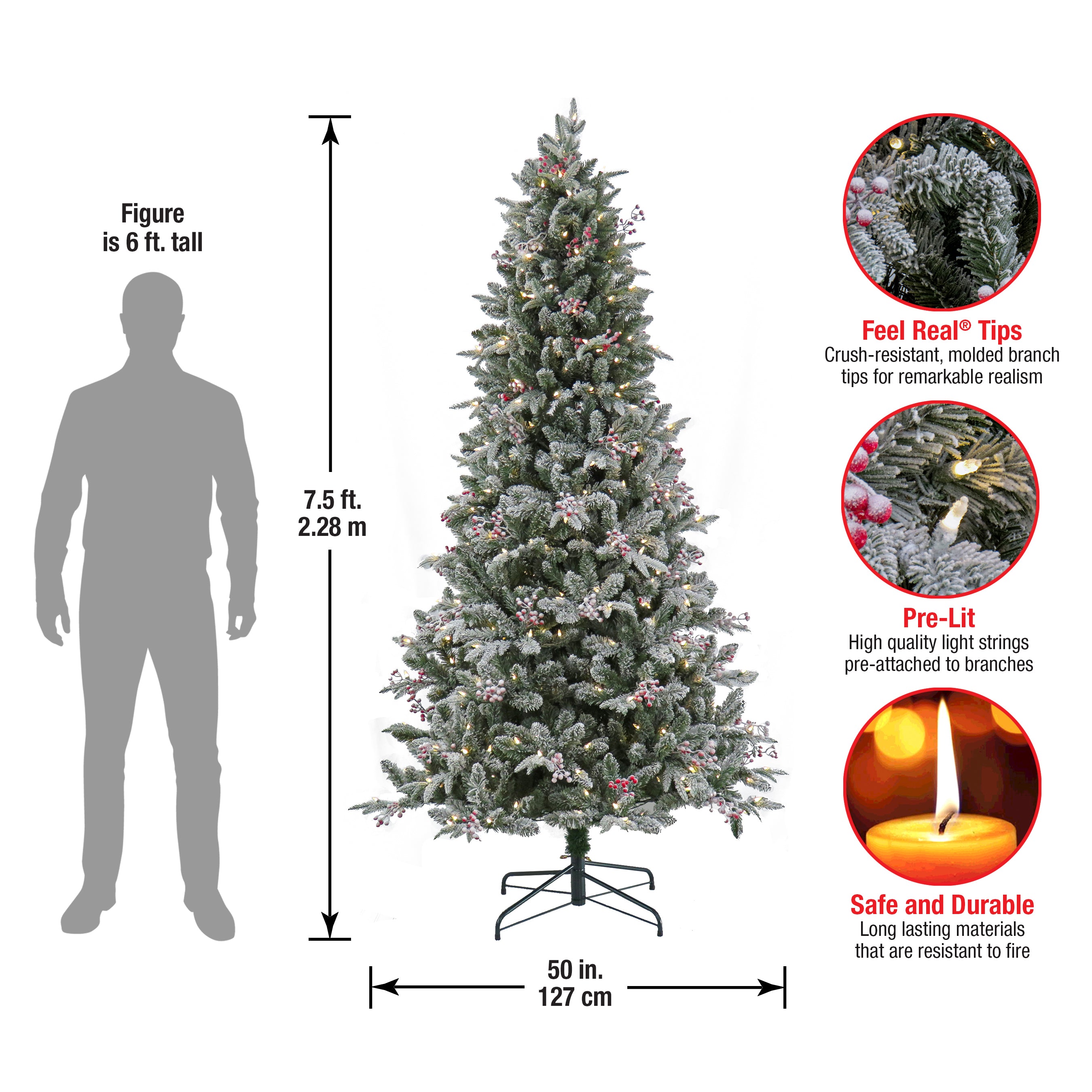 7.5 ft Pre-Lit Snowy Poechmann Fir Artificial Christmas Tree with Warm White LED Lights - Perfect for Living Room, Office & Holiday Decor