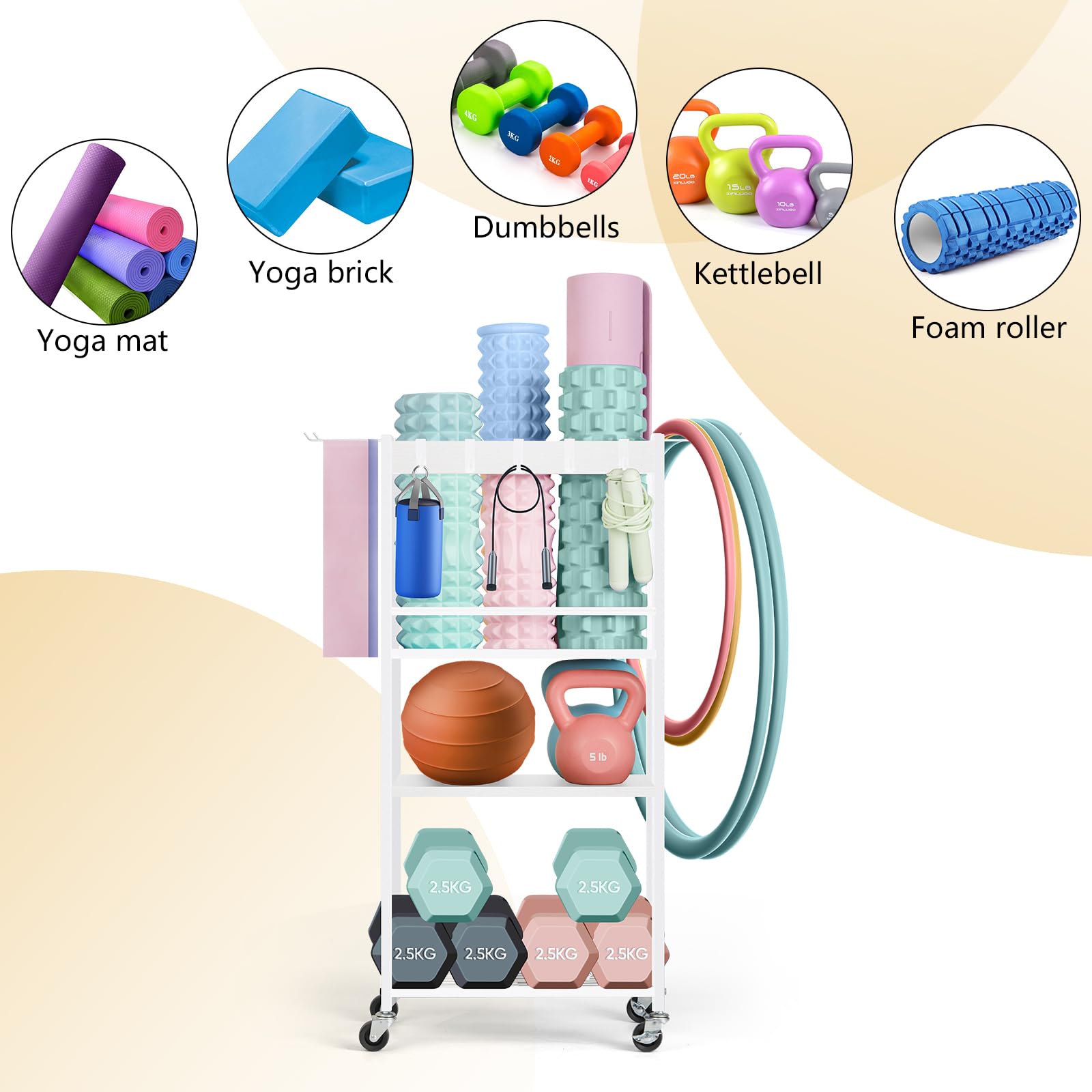 Home Gym Storage Rack with Wheels & Hooks - Yoga Mat Organizer for Dumbbells, Kettlebells, Resistance Bands & Foam Rollers - Space-Saving Workout Equipment Shelf for Yoga Ball Storage - Perfect for Home Gym, Garage & Small Fitness Spaces