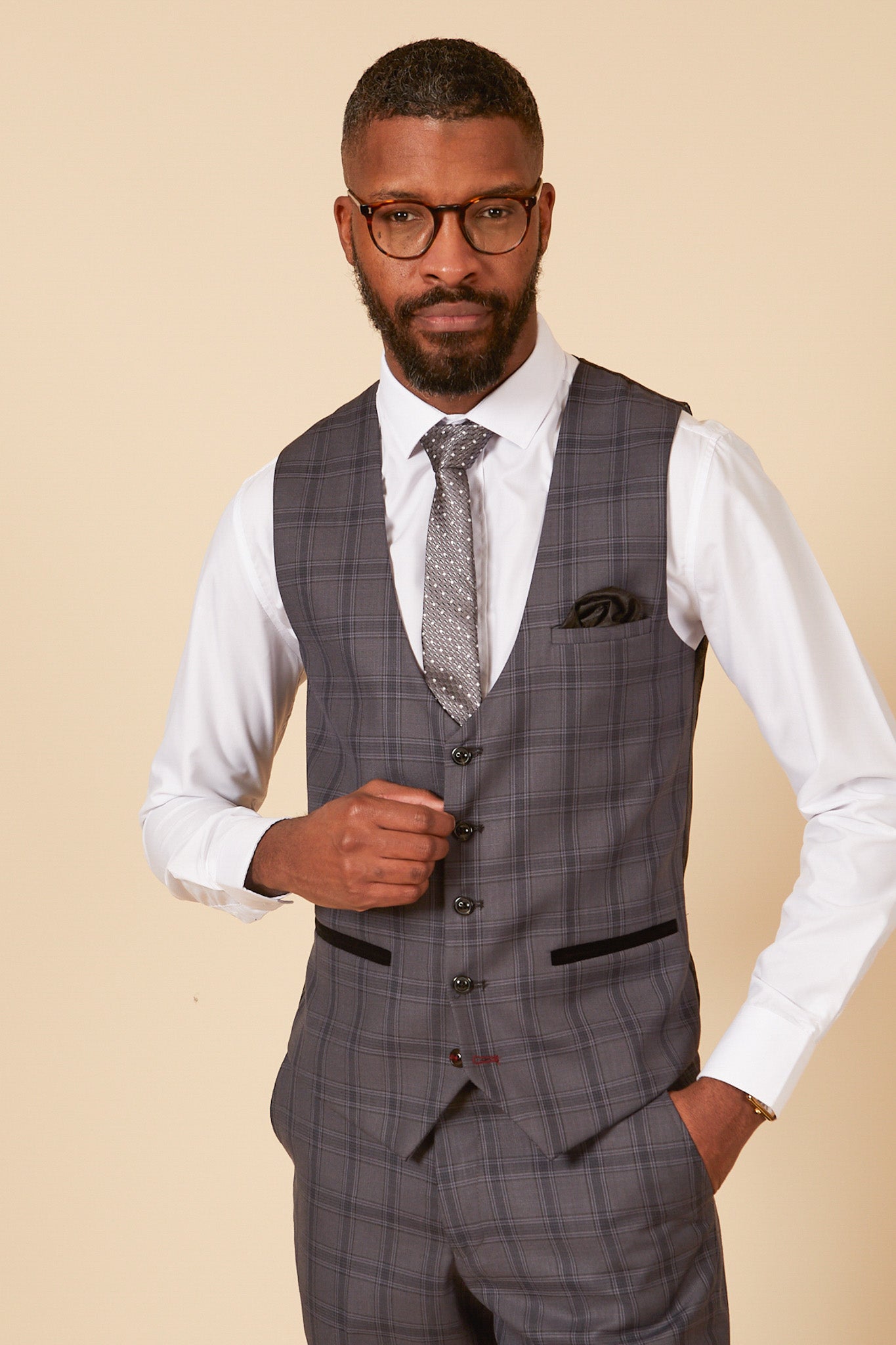 JOSE Men's Grey Check Single Breasted Waistcoat Vest - Formal & Casual Slim Fit for Business, Wedding & Office Wear