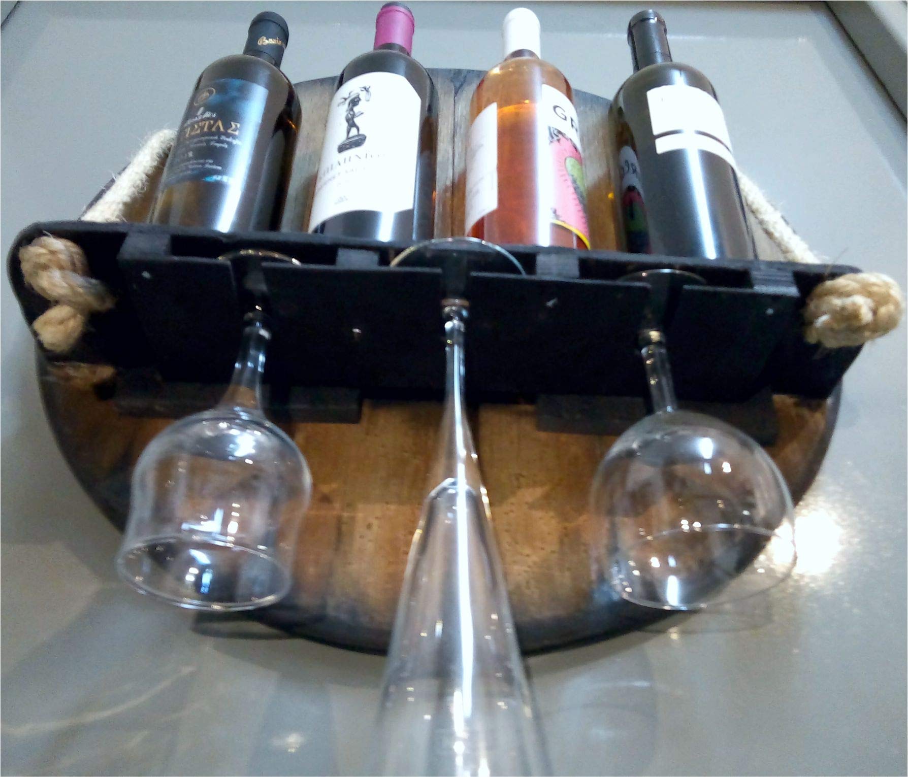 Wall Mounted Wine Rack - Rustic Wood Liquor Bottle Storage Shelf Inspired by Whiskey Barrels | Hanging Glass Holder for Kitchen, Dining Room, Bar & Cellar | Perfect Housewarming Gift & Home Decor for Wine Enthusiasts