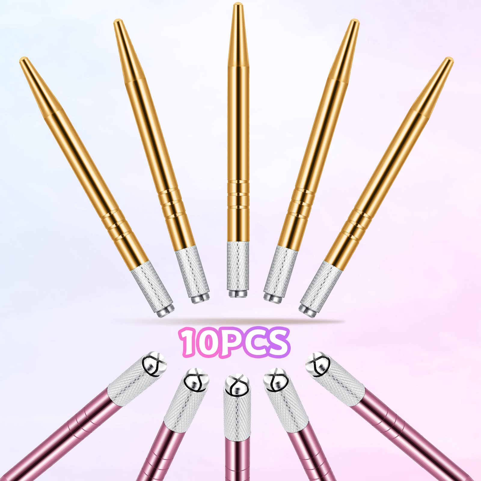 10-Piece Microblading Pen Set - Manual Eyebrow Microblade Tools with Aluminum Handle for Professional Salon & Home Use - Includes 2 Colors (Pink, Gold) - Perfect for Eyebrow Shaping, Tattooing & Permanent Makeup Application