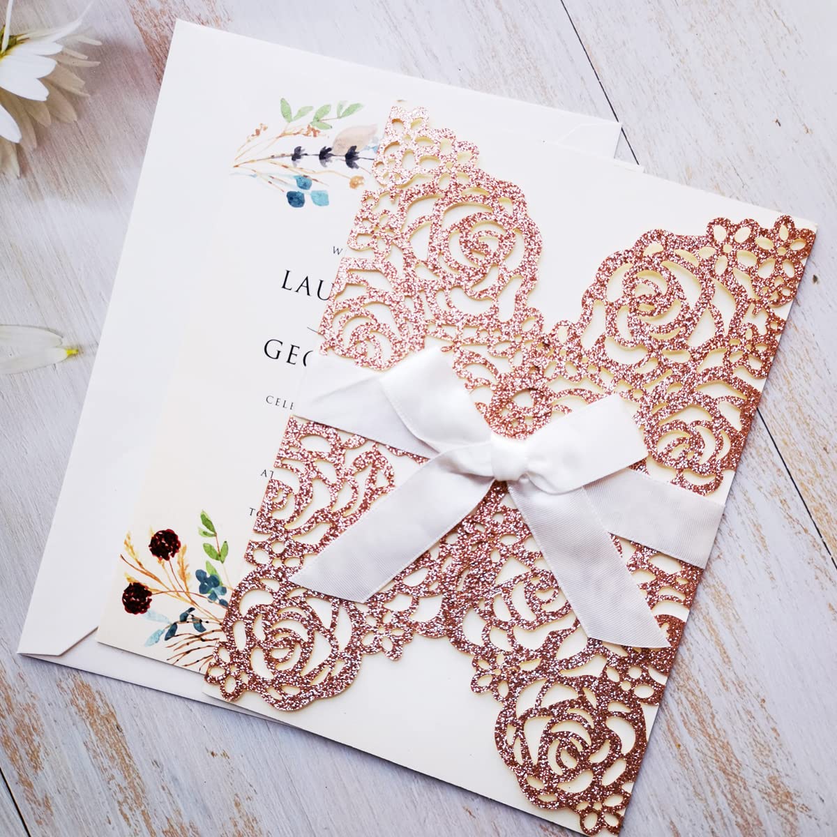 50PCS 5x7.28 Inch Laser Cut Wedding Invitation Cards - Elegant Hollow Rose Design with Ivory Ribbons, Blank Rose Gold Glitter for Bridal Shower, Engagement, Birthday & Graduation | Perfect for DIY Invitations, Party Decorations and Special Events