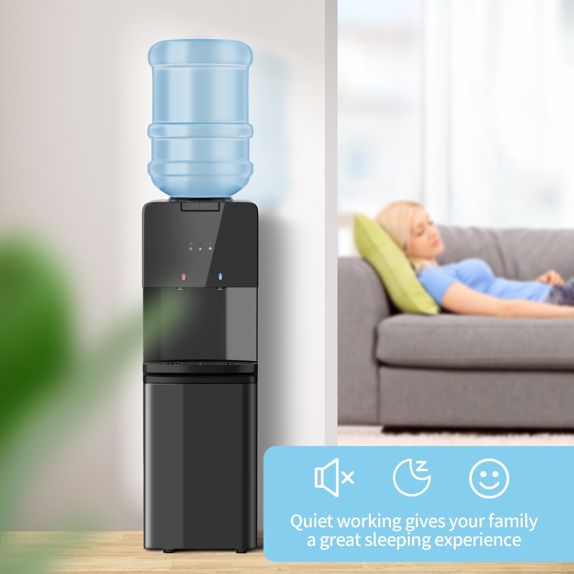 Top Loading Hot and Cold Water Dispenser with 3 Temperature Settings - 3/5 Gallon Bottle Water Cooler with Removable Drip Tray & Child Safety Lock - Perfect for Home, Office, Kitchen, and Living Room Hydration Needs