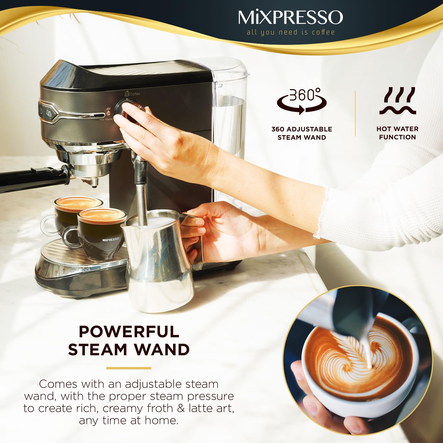 Mixpresso Professional 15 Bar Espresso Machine with Milk Frother - Fast Heating 1450W, Double Cup Splitter & 37Oz Water Tank - Perfect for Home Baristas Making Espresso, Cappuccino & Latte (Ideal for Small Kitchens, Offices & Coffee Enthusiasts)