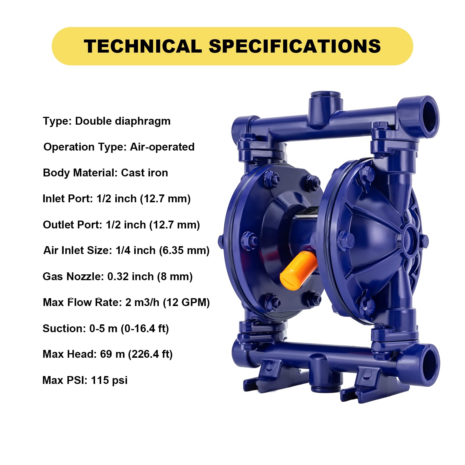 Heavy Duty Air-Operated Double Diaphragm Pump - Cast Iron Construction, 12 GPM Flow Rate, 115 PSI, 1/2