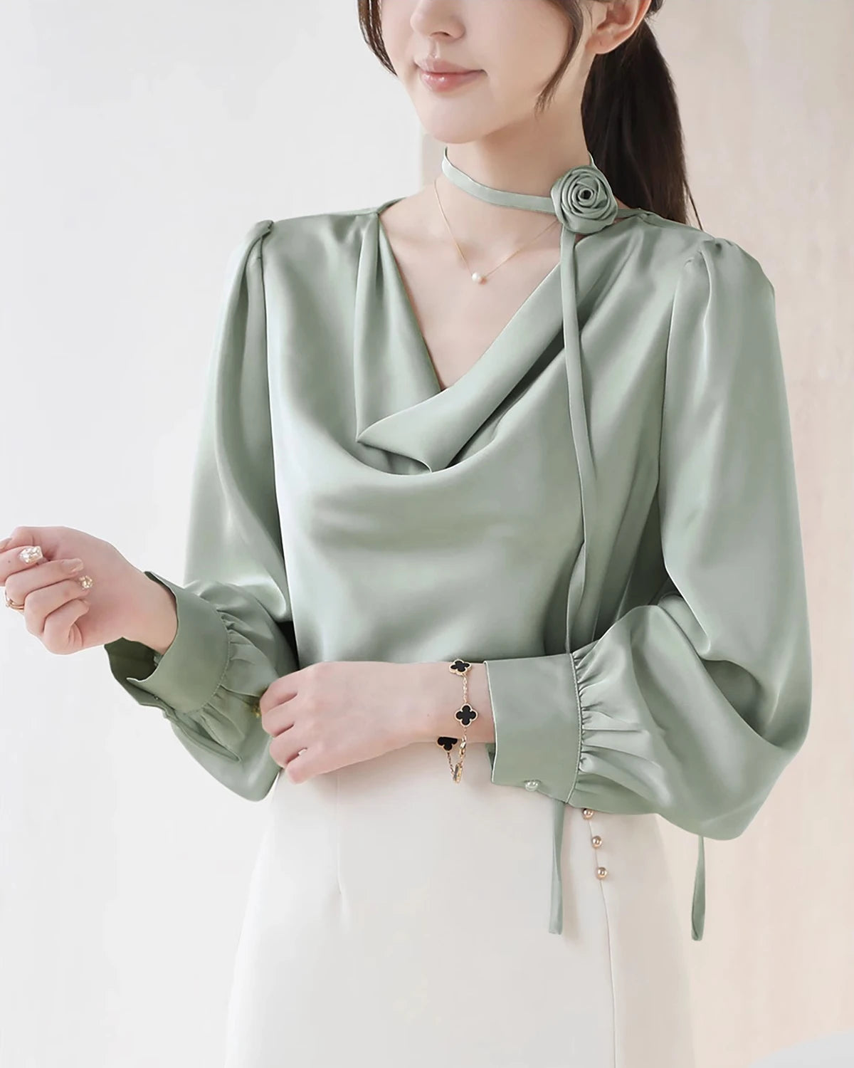 Elegant Draped Collar Silk Blouse for Women - Luxury Satin Shirt for Office, Party & Special Occasions