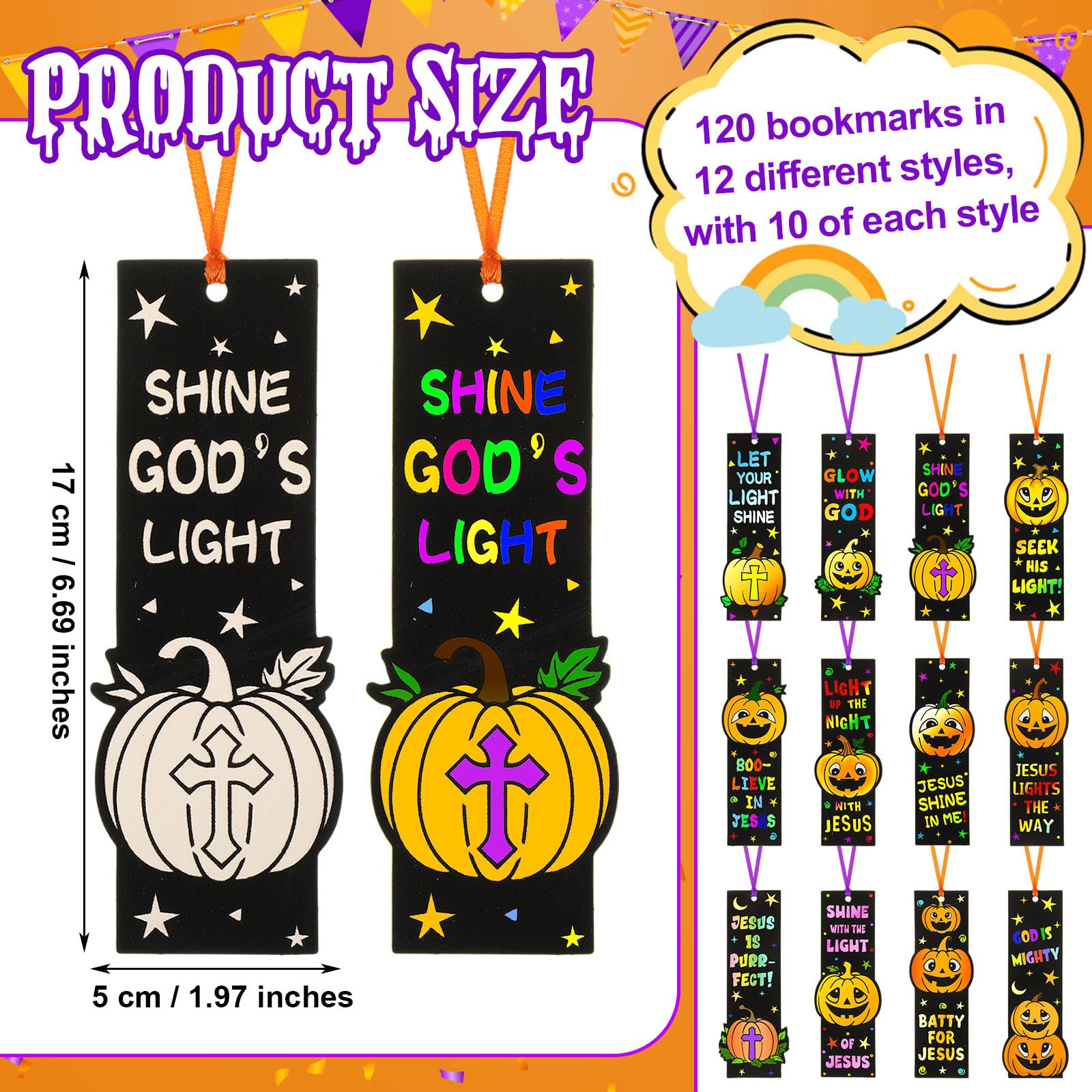 120 Pcs DIY Religious Halloween Coloring Bookmarks - Christian Pumpkin Bible Verse Bookmarks for Kids, Sunday School, Fall Crafts & Halloween Party Favors | Fun Bible Study Activity & Goodie Bag Fillers