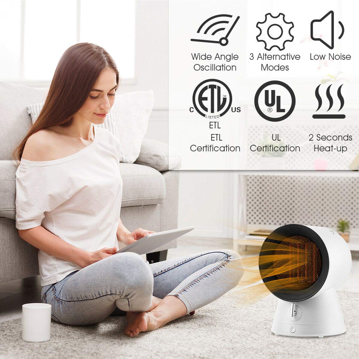COSTWAY 2-in-1 Mini Electric Space Heater & Cooling Fan - 1500W Portable Ceramic Heater with 3 Modes, 2-Second Fast Heating, Overheat & Tip-Over Protection - Perfect for Home, Office, Bedroom, and Small Spaces (Desktop Design)