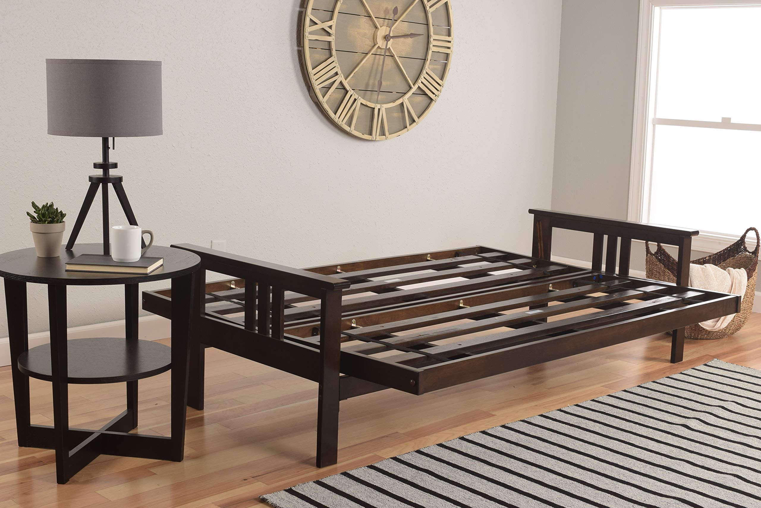 Kodiak Furniture Monterey Futon Set - Espresso Base & Linen Aqua Mattress, No Drawers | Space-Saving Convertible Sofa Bed for Small Apartments, Guest Rooms & Dorm Living