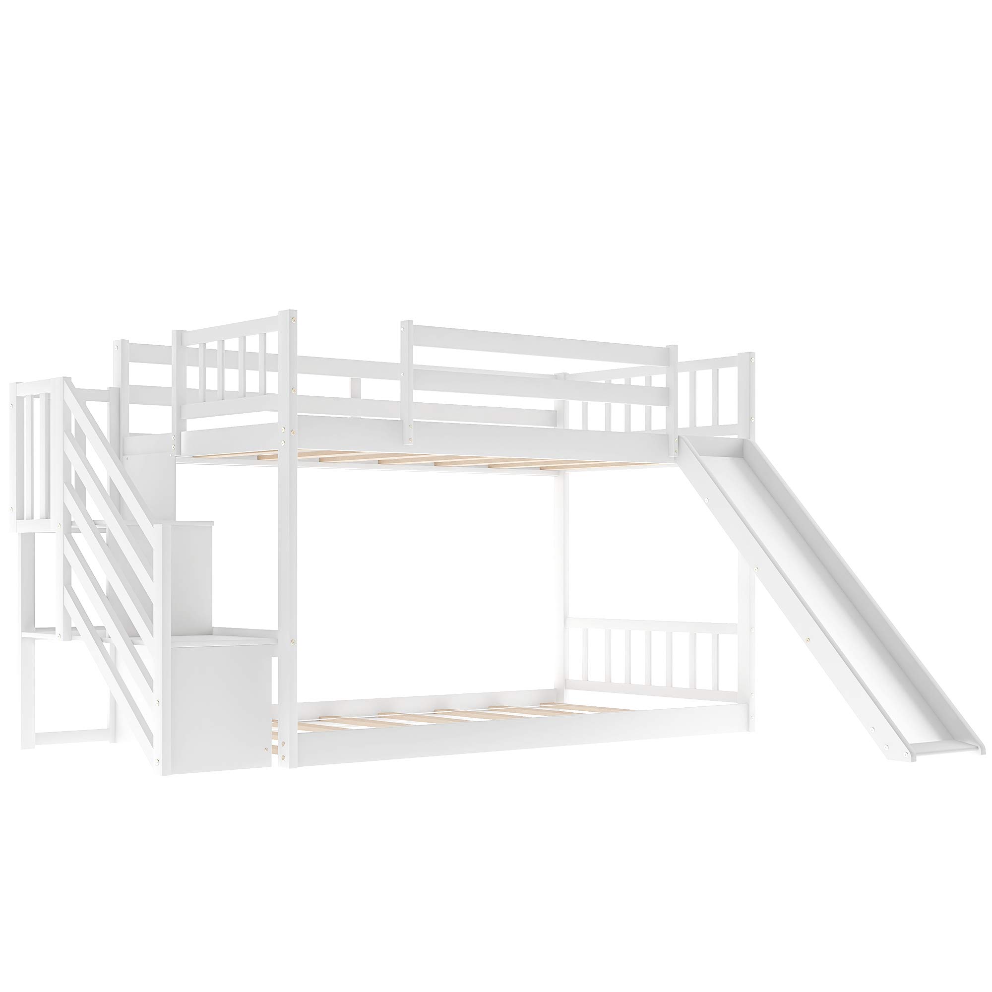 **Convertible Twin Over Twin Wooden Bunk Bed with Slide & Stairway - Low Height Kids Bunk Bed, No Spring Box Needed (White) - Perfect for Small Bedrooms, Shared Kids' Rooms & Sleepovers**