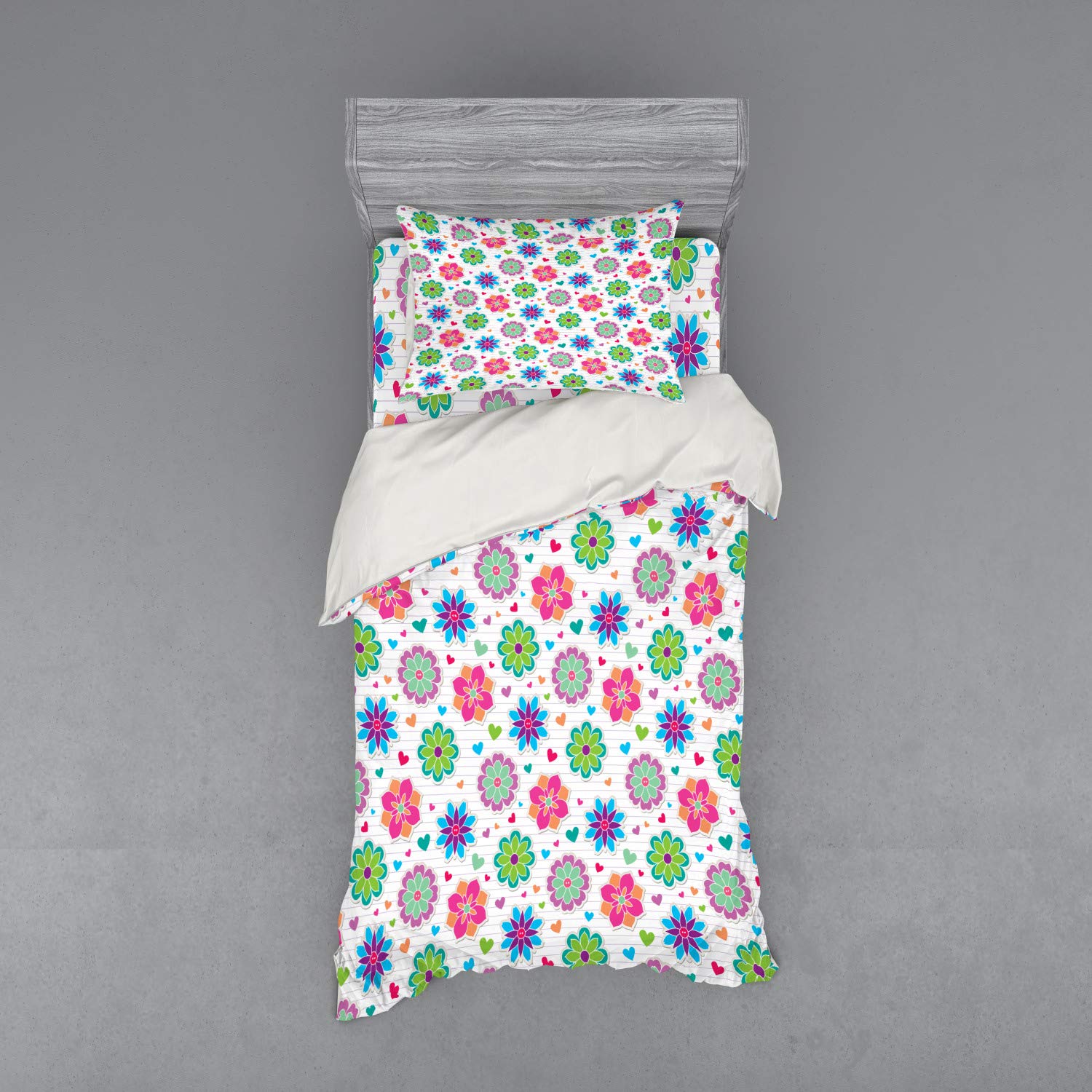 Ambesonne Retro Duvet Cover Set - Vibrant Chamomile Flowers & Hearts Design, 3-Piece Twin Size Bedding Set with Pillow Sham & Fitted Sheet | Perfect for Bohemian Bedroom Decor & Cozy Home Styling