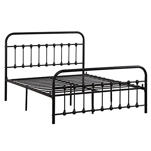 Single-Layer Curved Frame Bed Headboard & Footboard with Shell Decoration - Full Black Iron Bed Frame for Master Bedroom, Guest Room & Dormitory