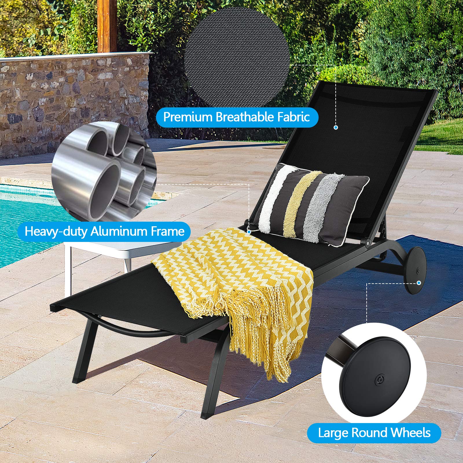Giantex Outdoor Patio Chaise Lounge Chair - Adjustable 6-Position Recliner with Wheels, Aluminum Frame for Beach, Poolside & Sunbathing - Perfect for Backyard, Garden & Outdoor Relaxation (Black)