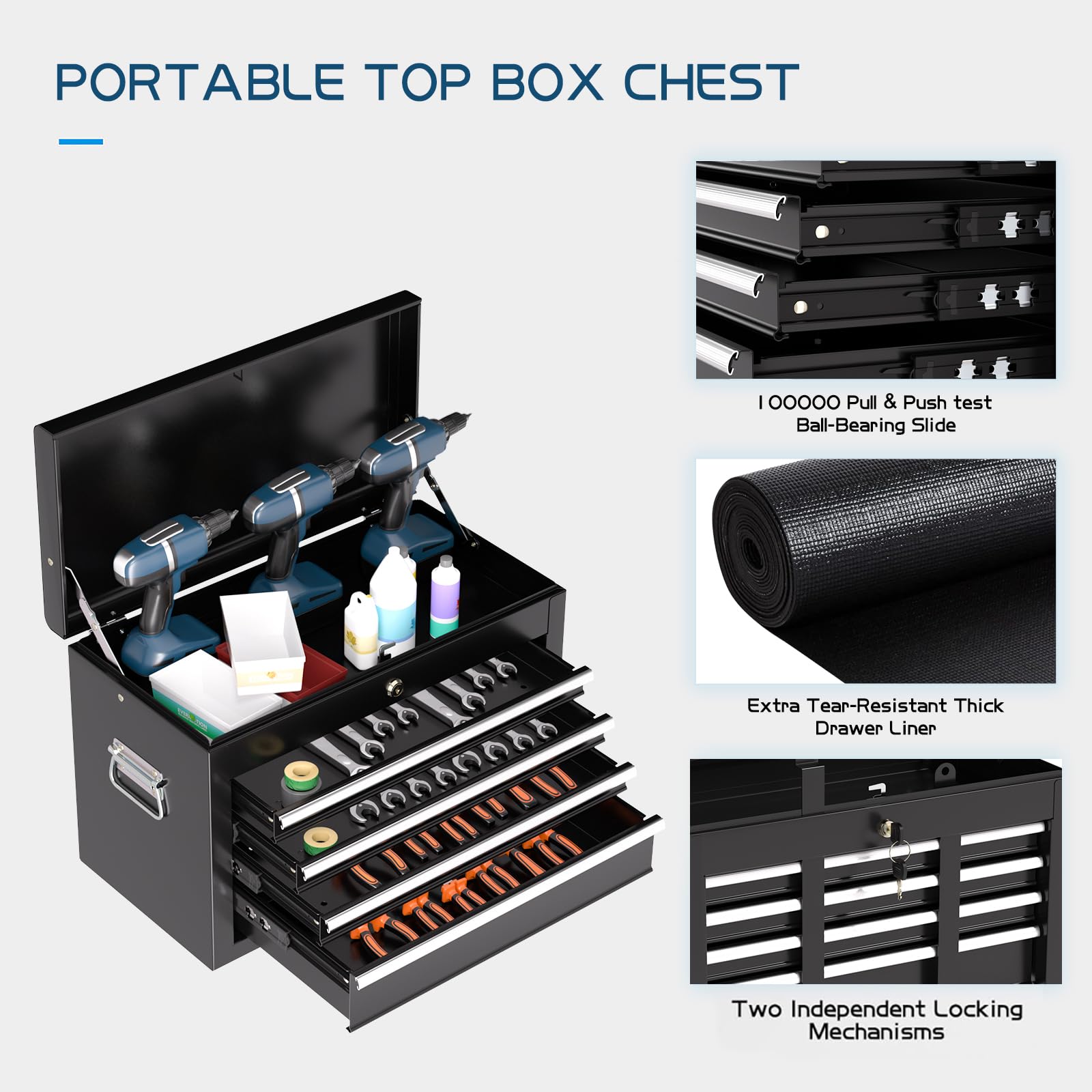 6-Drawer Black Rolling Tool Chest - 2-in-1 Lockable Metal Tool Cabinet with Removable Drawers & Wheels for Mechanics, Garage & Workshop | Heavy-Duty Tool Storage for Automotive Repair & DIY Projects