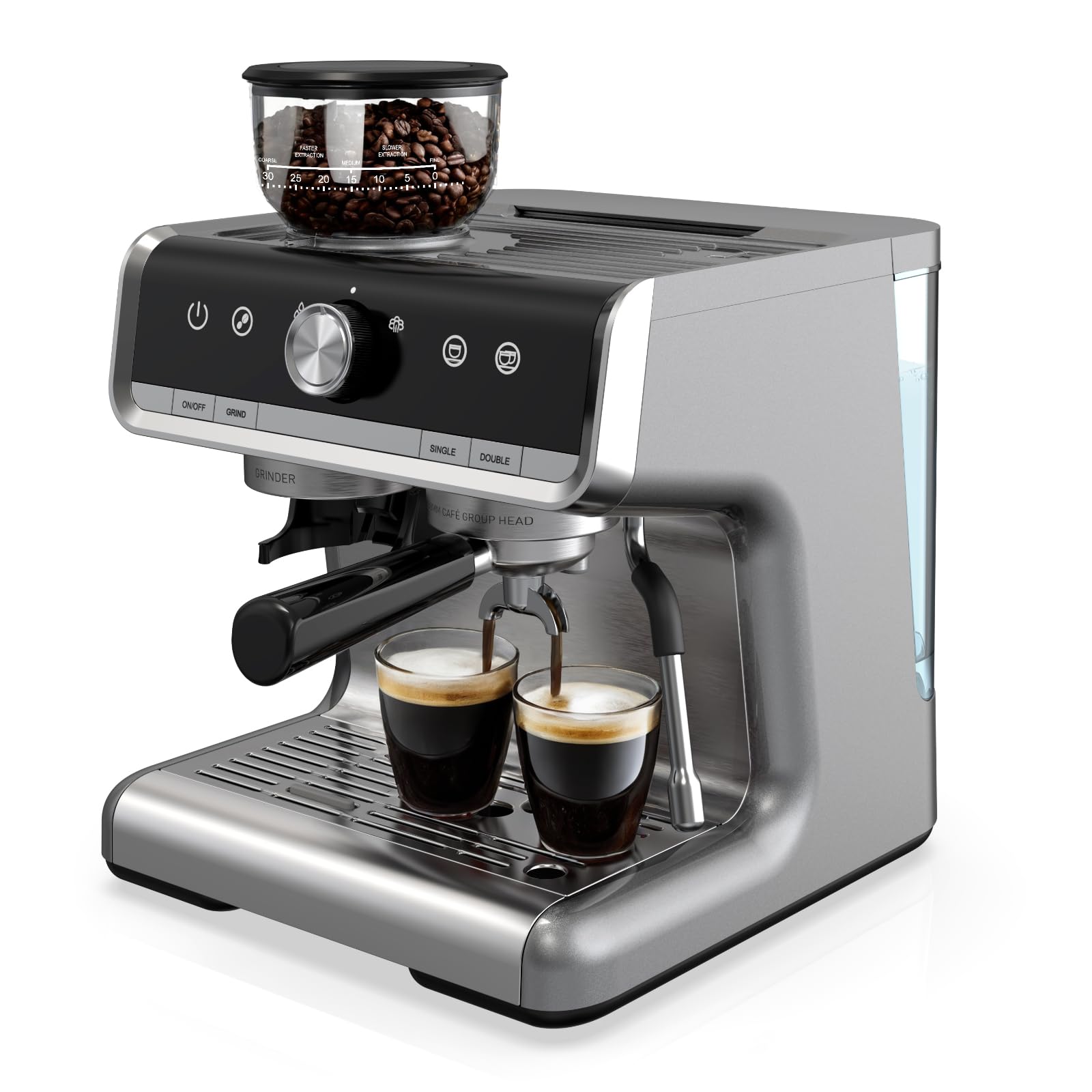 20 Bar Espresso Machine with Built-in Grinder & Steam Wand - Professional All-in-One Home Coffee Maker for Latte & Cappuccino, Light Gray - Perfect for Kitchen, Office & Small Spaces
