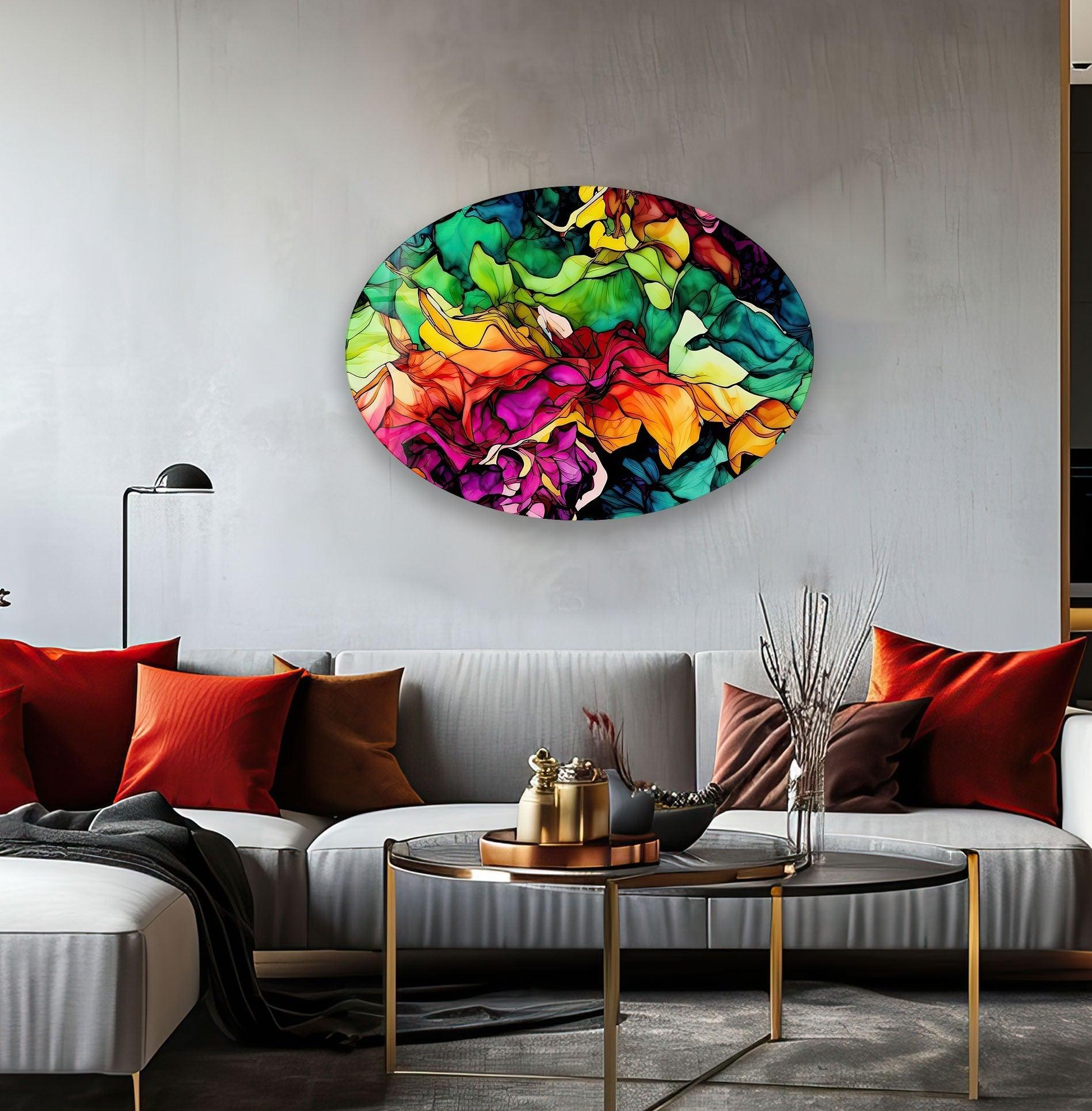 Asymmetrical Oval Colored Flowers Glass Wall Art - Handmade Modern Home Decor for Living Room, Bedroom & Office - Perfect Gift for Housewarming & Interior Design
