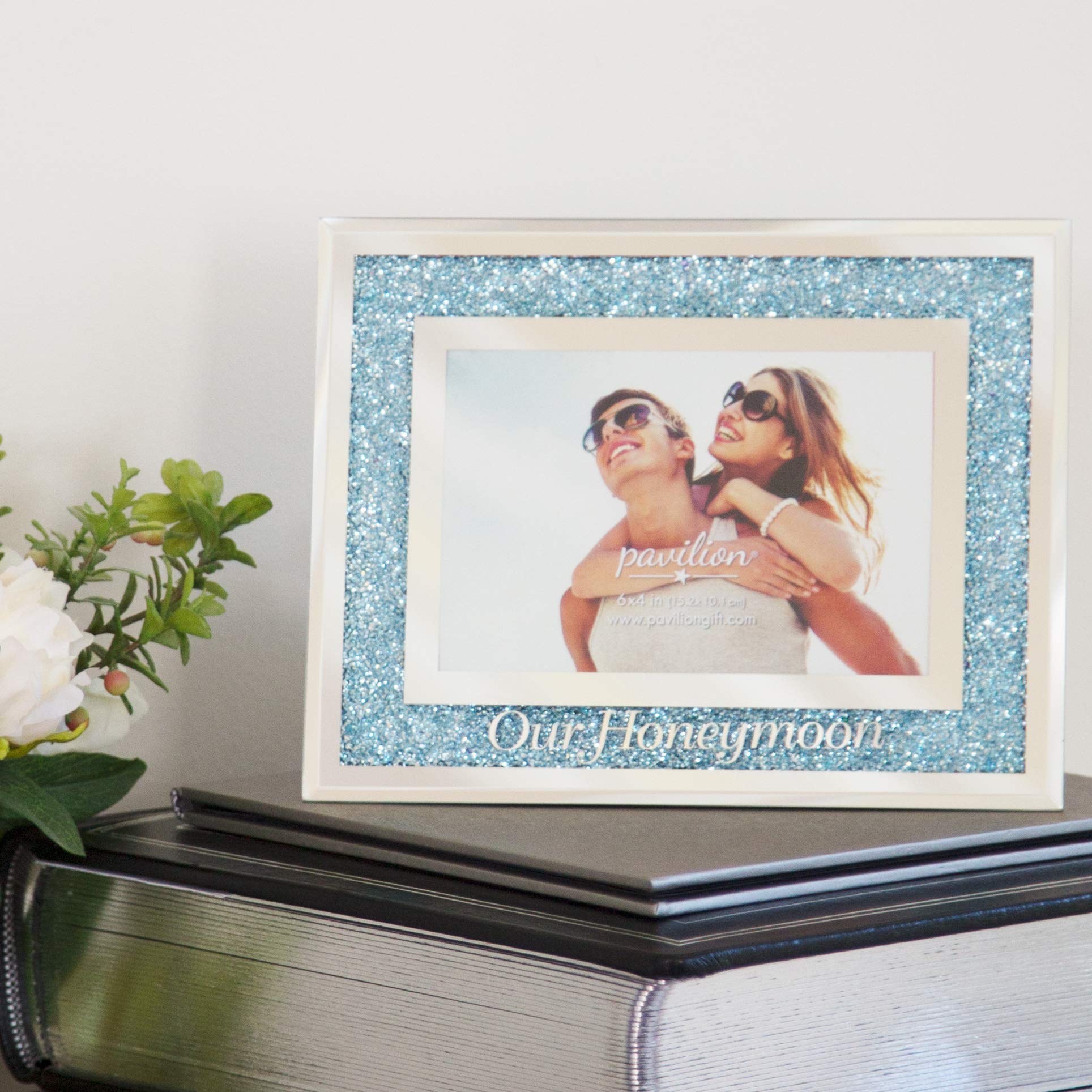 Glorious Occasions Blue Crystal Mirrored 4x6 Picture Frame - Wedding Gift, Honeymoon Keepsake, Anniversary Present - Perfect for Displaying Wedding Photos, Travel Memories & Special Moments