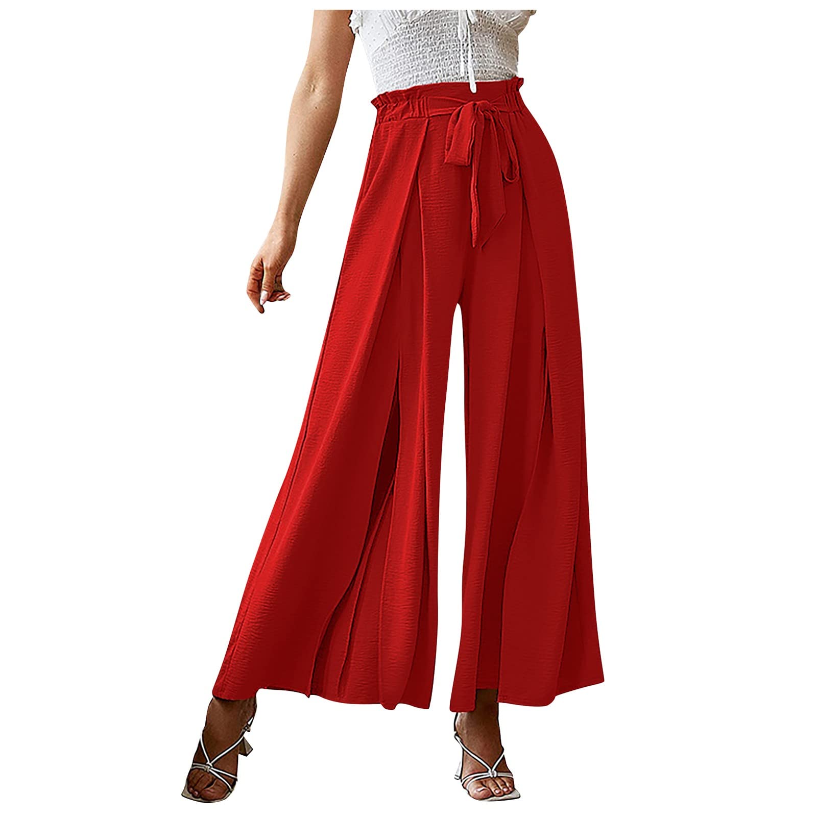 RIJJTRP Women's High Waist Pleated Wide Leg Pants - Solid Color Bow Detail with Adjustable Belt for Office & Business Casual Wear | Comfortable Work Pants for Professional Women