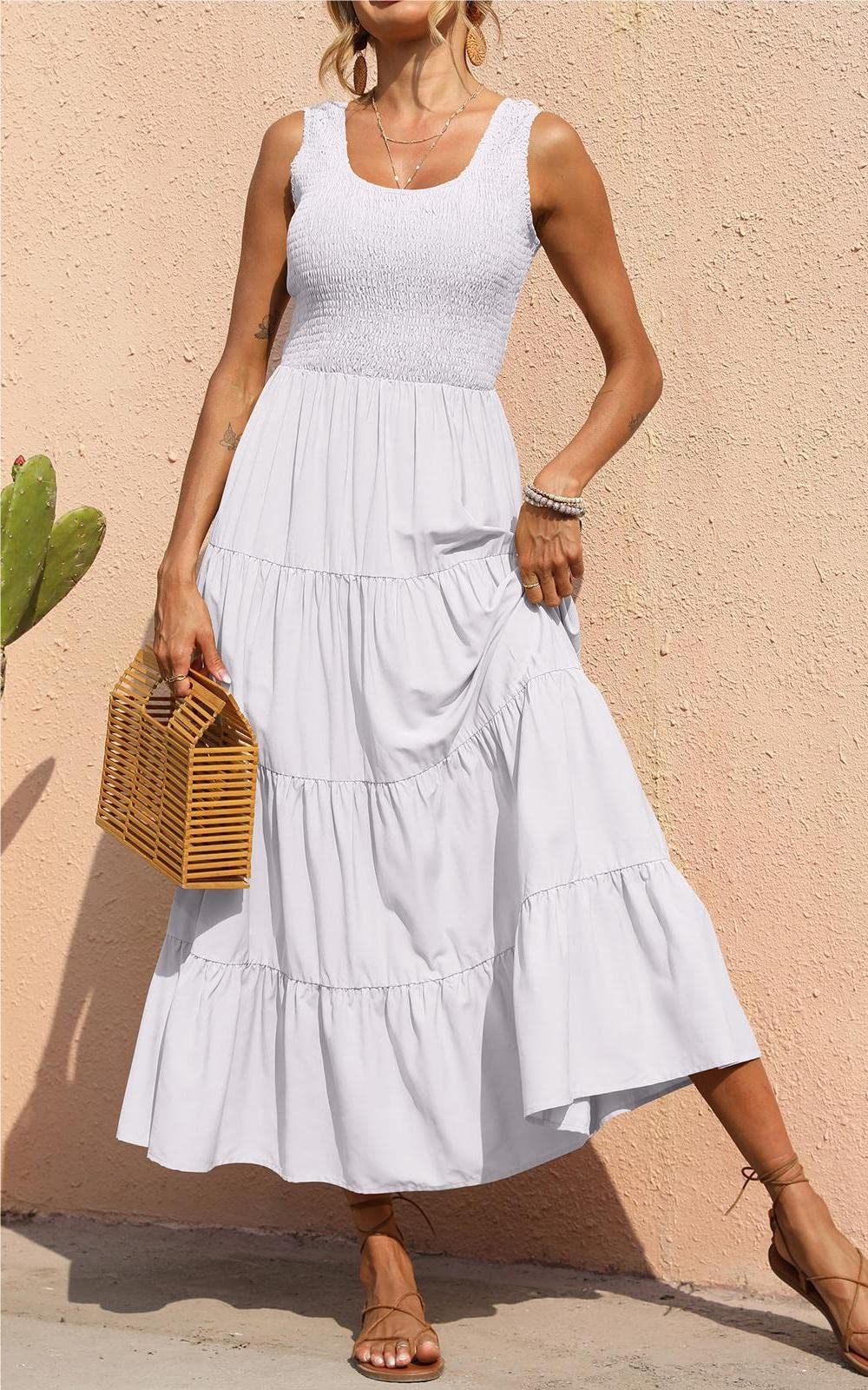 PRETTYGARDEN Women's Casual Loose Plain Maxi Sundress - Smocked Tank Dress Sleeveless Summer Beach Tiered Long Dress for Vacation, Pool Party & Outdoor Activities
