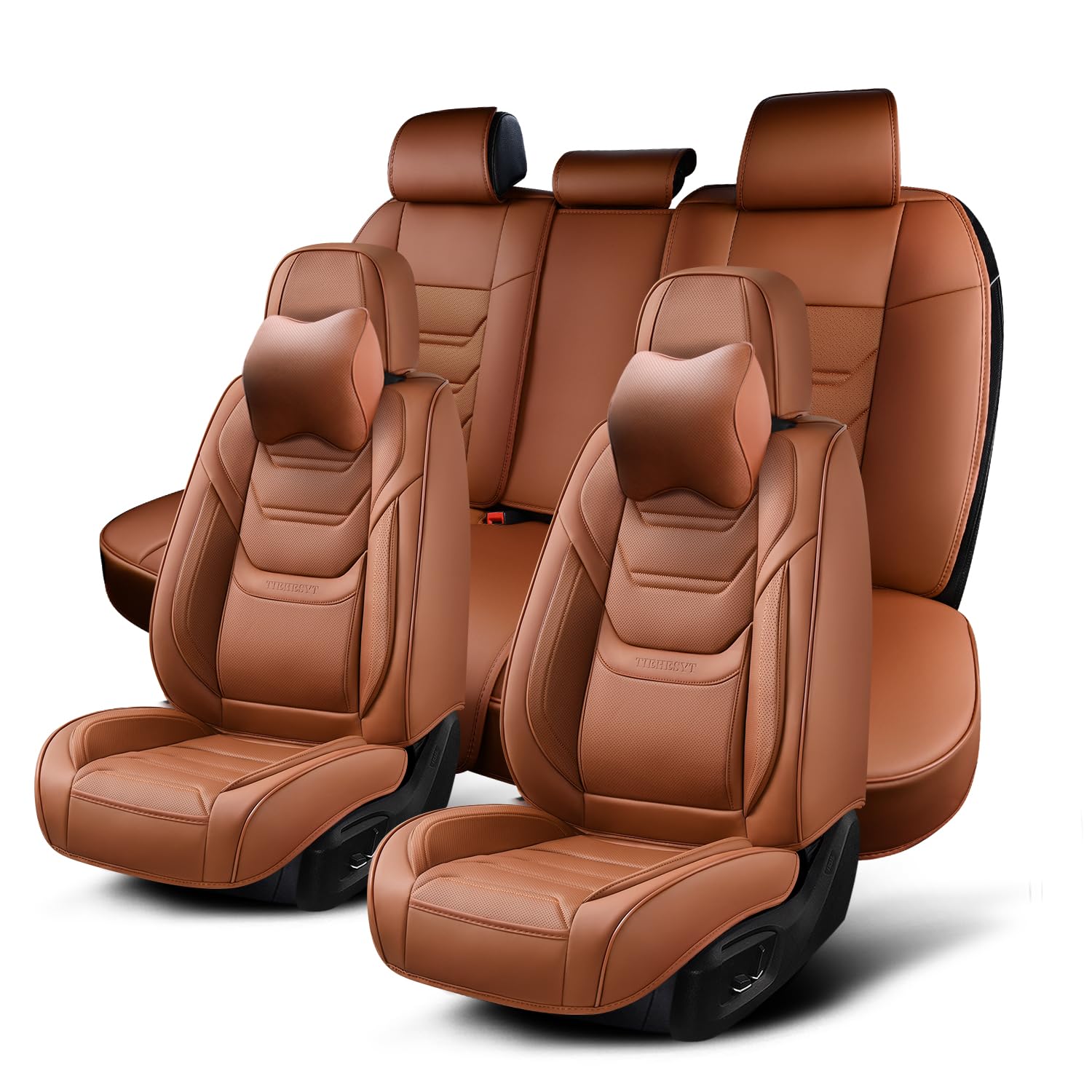 Premium Breathable Leather Car Seat Covers Full Set - Front & Rear Seats with Headrests | Universal Fit for Most Vehicles | Reduces Driving Fatigue | Perfect for Daily Commutes, Road Trips & Long Drives (Brown)