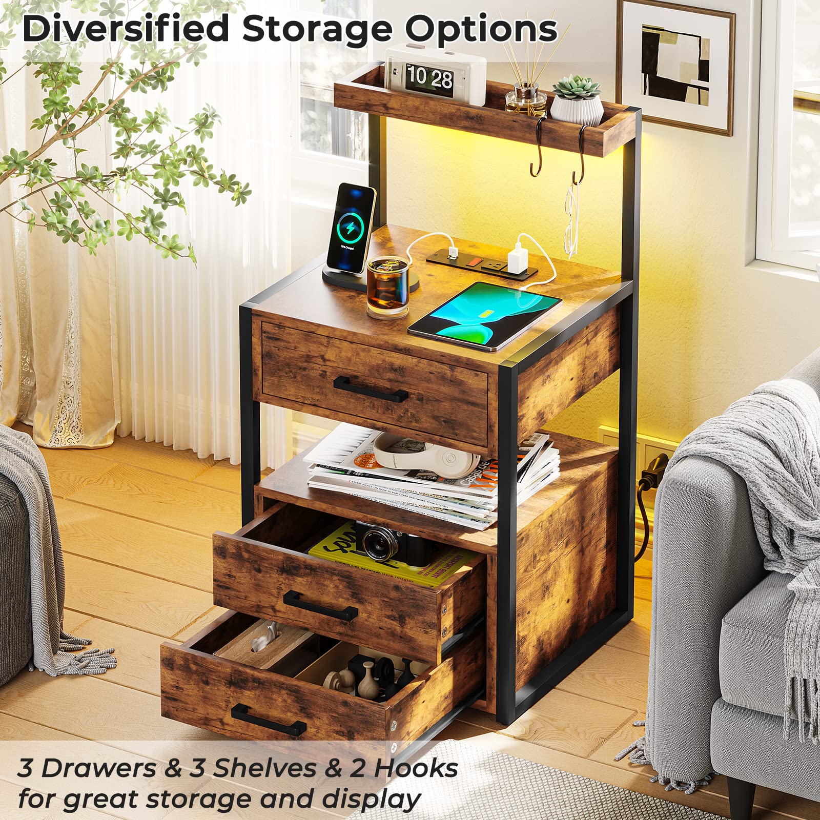 AOGLLATI Nightstand Set of 2 with USB Charging Station & LED Lights, 3-Drawer Bedside Table with Open Shelves, 2 USB Ports & 2 AC Outlets - Rustic Brown Modern Bedside Storage for Bedroom, Living Room & Office Use